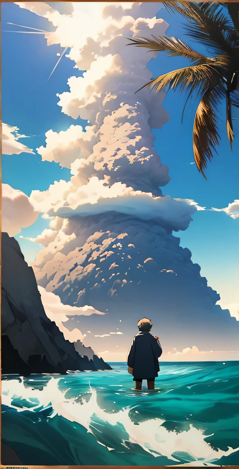 epic poster, volcano exploding,  (ocean:1.2), (wading:1.2) in the pacific (ocean:1.1),  (partially submerged shot:1.2), (waves:0.9), Desert island background, Palm tree, beach,Fluffy clouds in the sky, transcend, Very detailed, fine details, complicated, (lens flare:0.9), (backlight:0.9), (bloom:0.9),Hayao Miyazaki style [Style - Miniature::10]