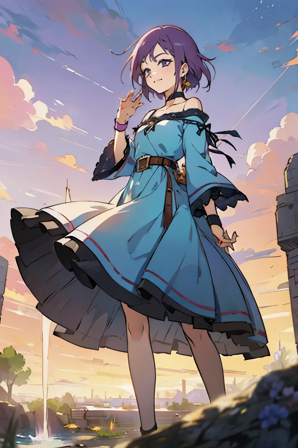 Kisho, 1 girl, Purple hair, Purple eyes, Fantasy World, showa town, Ruins, Bang, Beautiful sky, shining sky, Sunshine, Smiling, Waving, Belt bag, wristbands, ribbon choker, Dresses that blow the wind, black Lace dress, sweater, Off-shoulder sleeve