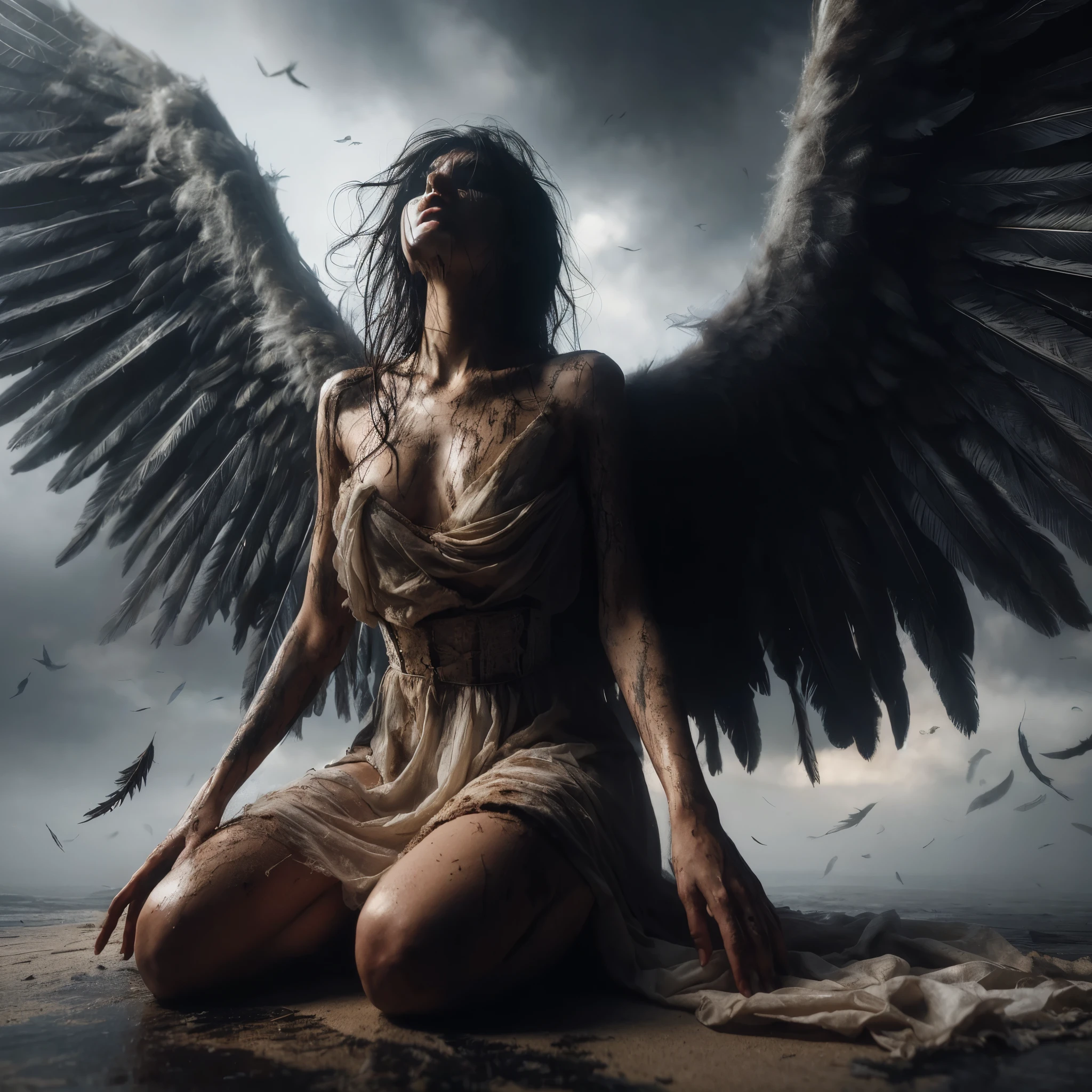 full scale, super low angle shot, The beautiful angel fell, black hair, had very large wings, wore a very worn white cloth, dirty body and wings, knelt down and looked very angry, shouted and looked up.
HD professional photographer, MidJourney v6 realism, light focus on face, ultra detail on face,
dark light, epicrealism, atmospheric impressionism, bokeh, film dramatic realism, pre-raphaelite realism, best tone, hard focus realism --ar 36:61 --stylize 750 --v6