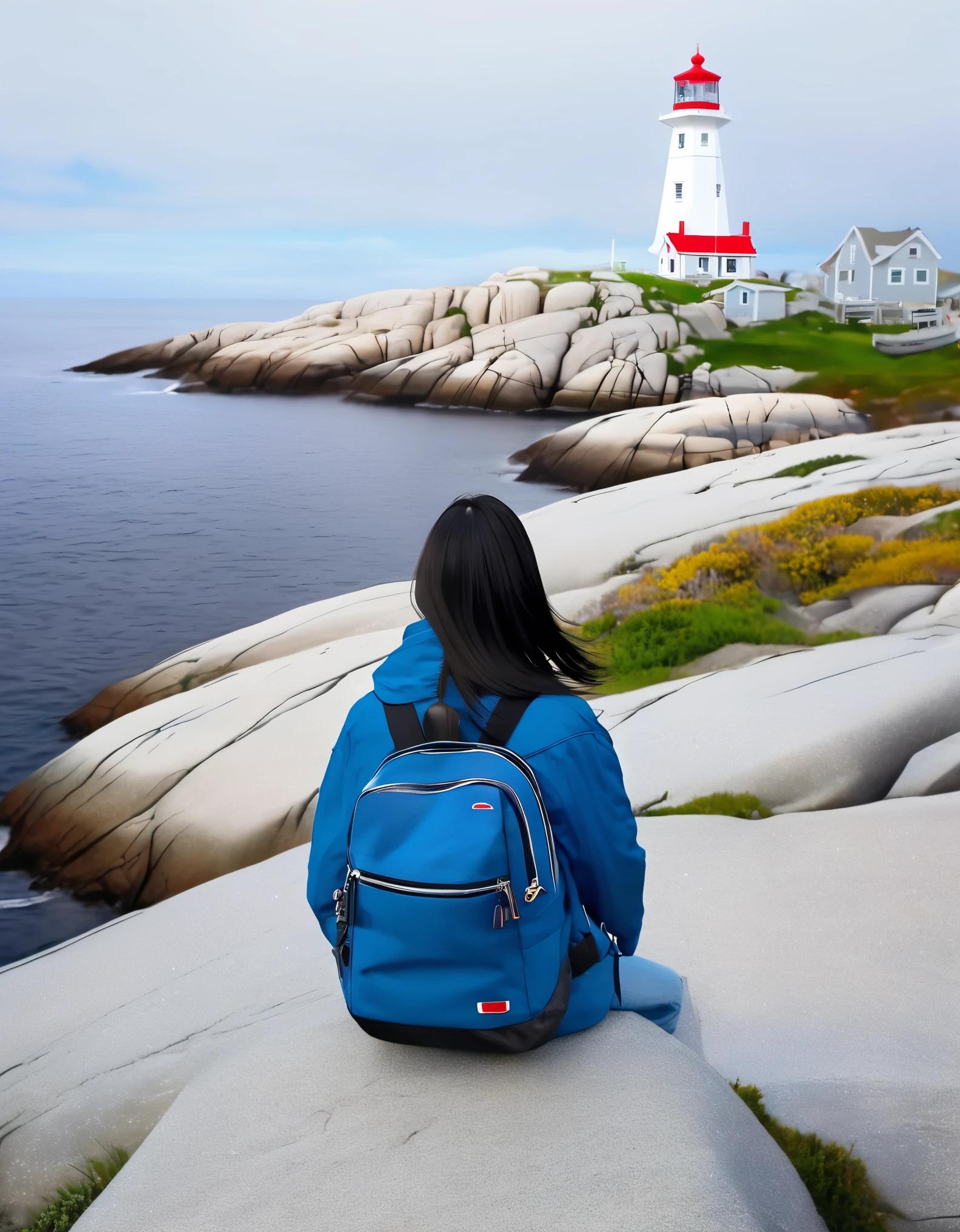 Chinese girl sitting in beautiful Peggy&#39;s Cove, Canada，Looking up at the huge lighthouse，short hair，White tourist shoes，Blue Jacket Jeans，sitting position，Big travel bag，back view