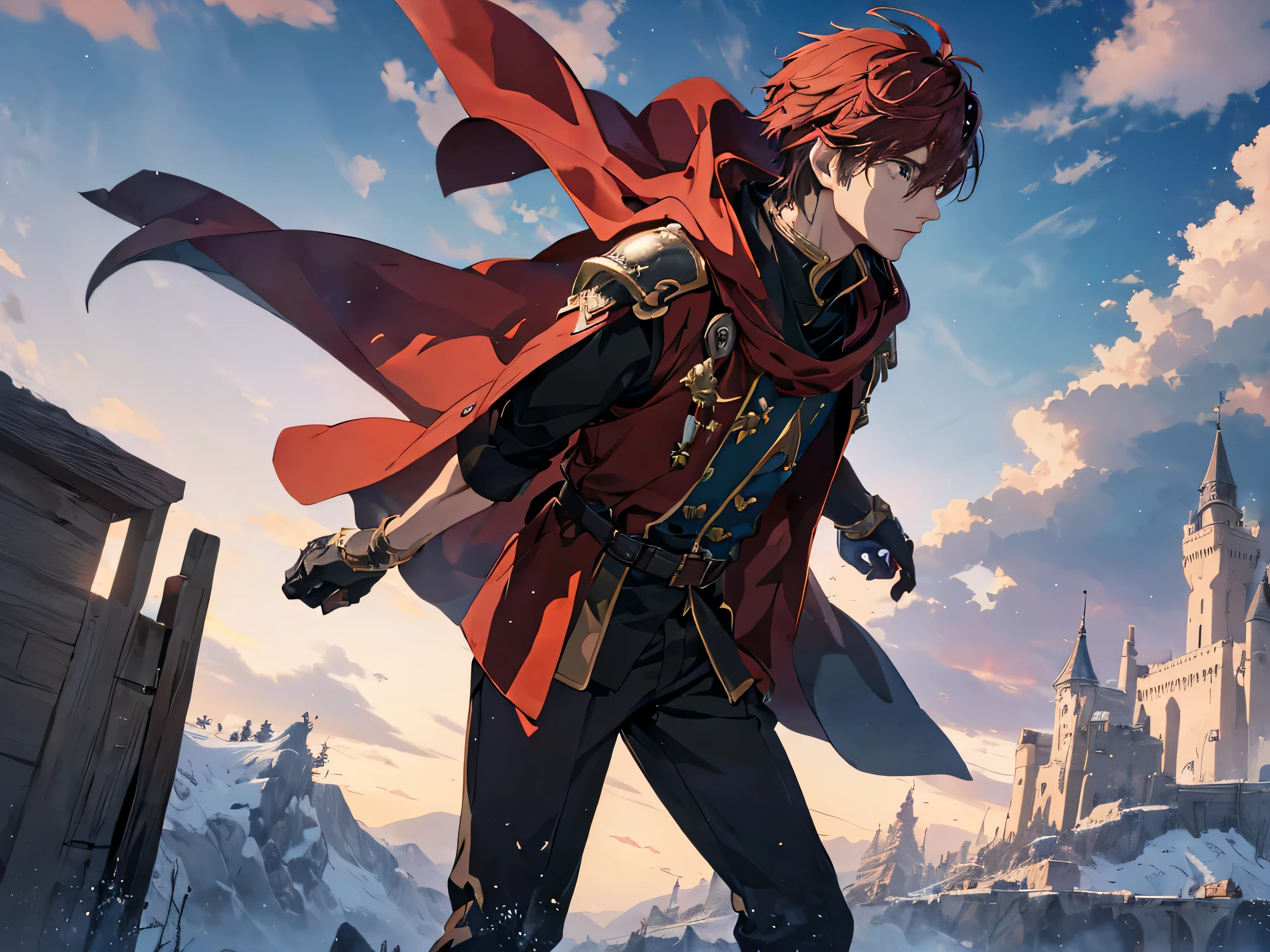 masterpiece, highest quality, High resolution, masterpiece, highest quality, fantasy novel cover, Reincarnation in another world, A boy in a red cloak stands in the wilderness with a castle in the background。, armor, 青いarmor, fingerless gloves, blue eyes, 真swordな顔, red short hair, scattered light, Huge tower, Feywild, 36K quality, highly detailed background, fighting pose, profile, {{{{{一人のmaleのイラスト}}}}}, flat chest, pectoralis major,broad shoulders, big arm muscles,male性の手,maleの顔,male性;eyebrow, male性の目, sharp nose ,long nose,{{{{{male}}}}},good looking guy,good looking,Dandyism, Emphasize the contrast between light and shadow, (official art、{{{{{upper body angle}}}}},highest quality、unity 8k wallpaper、32K、masterpiece、super detailed new、超High resolution, realistic、 Photoreal:1.2)、(cinematic lighting:1.2), portrait from the knees up, Multiple three-dimensional clouds in the distance, long sleeve, hold a weapon, sword, Liu Erdao, battle preparation,