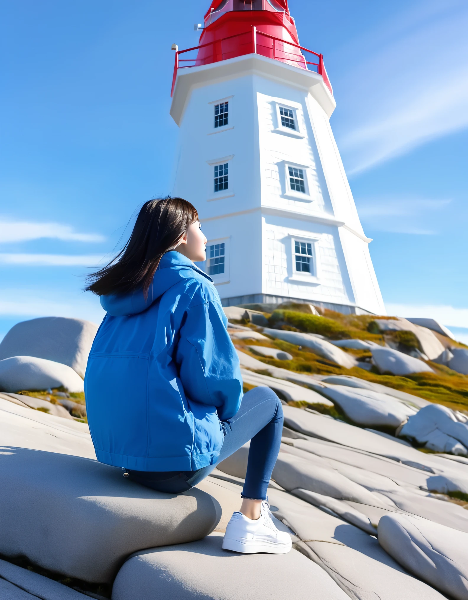 Chinese girl sitting in beautiful Peggy&#39;s Cove, Canada，Looking up at the huge lighthouse，short hair，White tourist shoes，Blue Jacket Jeans，sitting position，Big travel bag，back view