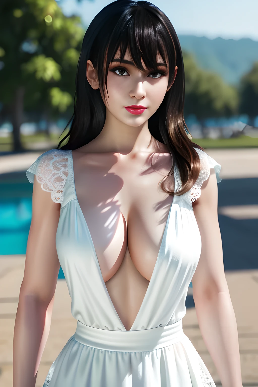 night,1 girl,seven waves,hollow dress, White lace dress,jewelry,Outdoor activities, (standing posture),grace,(((red lips))), Lips slightly open, clavicle,Lactation,(huge breasts:1.3),skin shiny,((8k, original photo, top quality, masterpiece)), HD RAW color photos professional close-up photos, (actual, photorealism: 1.37), (best quality),8k,Define detailed faces, tiny details,alone,