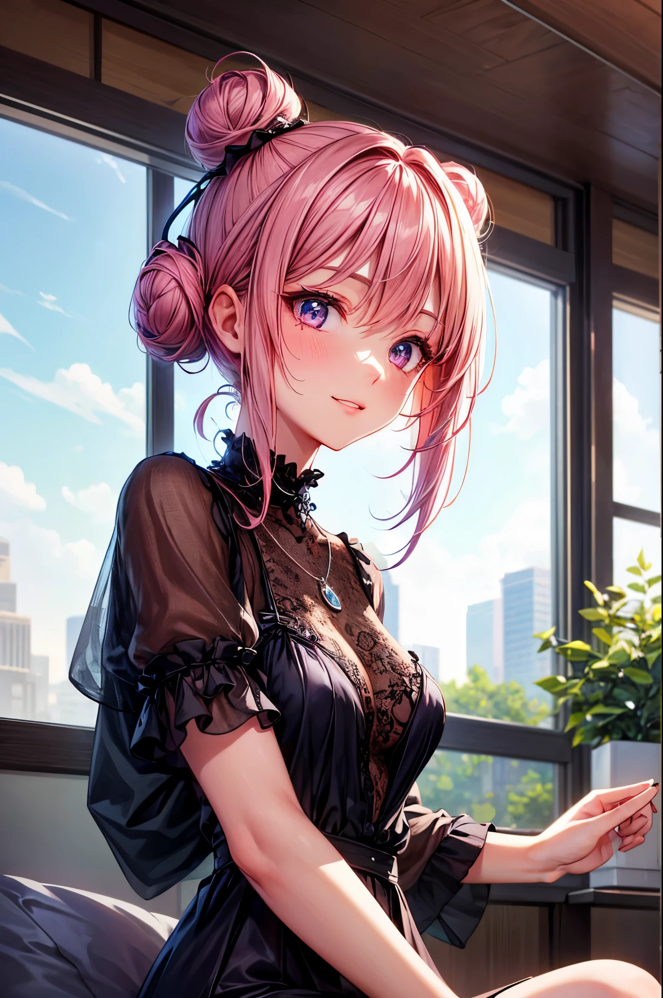 masterpiece, best quality, high quality, detailed, ultra detailed, hyper detailed, insanely detailed, exquisite, beautiful, FHD, Full-HD, 4K, 8K, 16K, highres, absurdres, skyscraper, woman, grinning, looking at viewer, hair bun, pink hair, purple eyes, gradient eyes, pale skin, fair skin, detailed face, detailed skin, shiny skin, dress, beautiful breasts, piercing, necklace, beauty mark, in the living room, with a window, beautiful, chill atmosphere, upper body, dappled sunlight