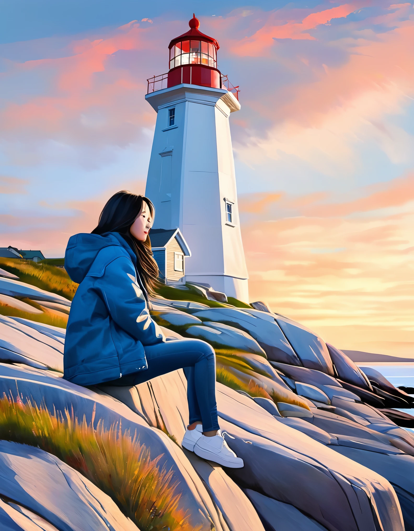 Chinese girl sitting in beautiful Peggy&#39;s Cove, Canada，Looking up at the huge lighthouse，Blue Jacket Jeans，sitting position，travel bag，painting，sunset，