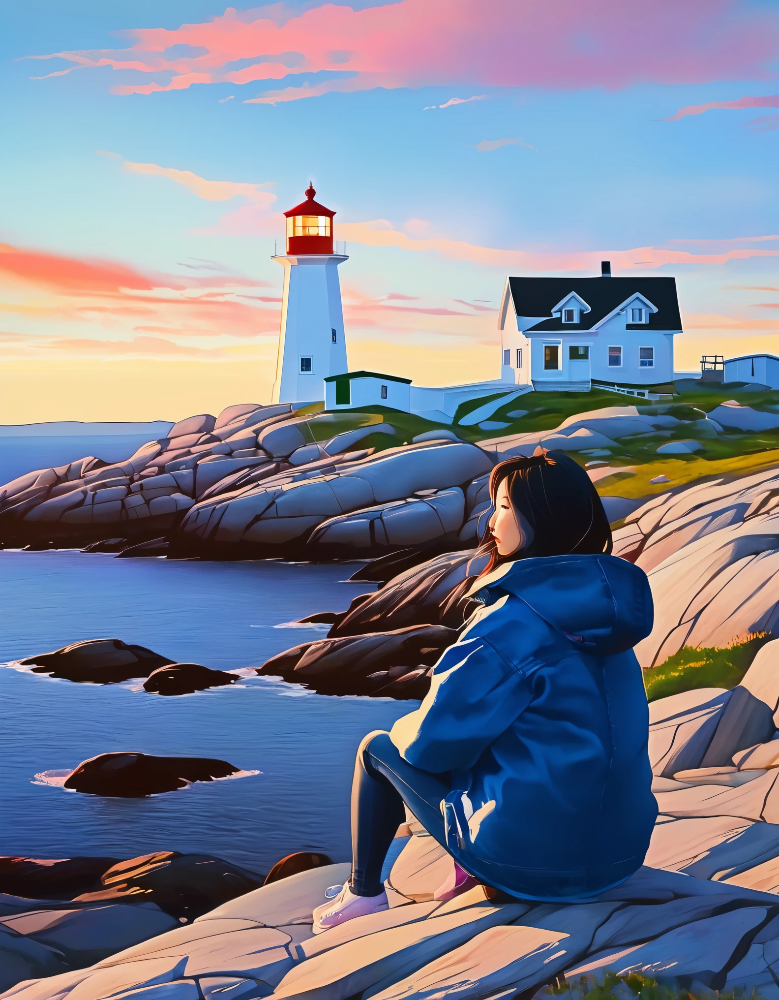 Chinese girl sitting in beautiful Peggy&#39;s Cove, Canada，Looking up at the huge lighthouse，Blue Jacket Jeans，sitting position，travel bag，painting，sunset，