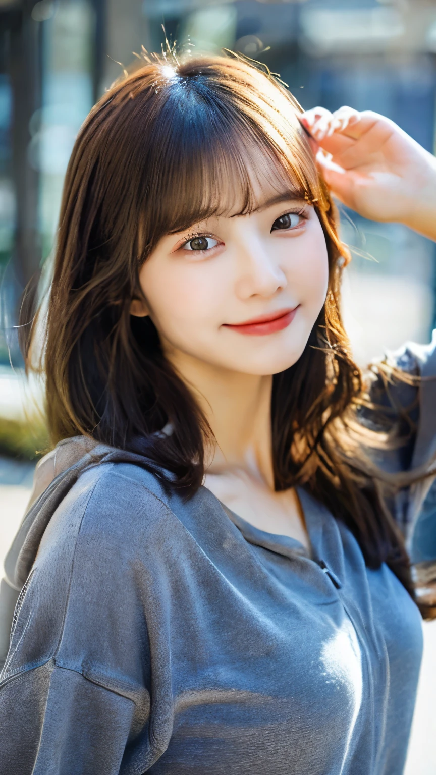 ((Best Picture Quality, 8k, The Masterpiece:1.3)), 1girl, Beautiful woman with slender abs:1.3, (Casual hairstyle, :1.2), hoodie,Ultra-fine face, detailed eye, Double eyelid,Smile with。Take pictures in sexy poses,The figure is very bad,Small waist,large breasts,Close-up chest,
