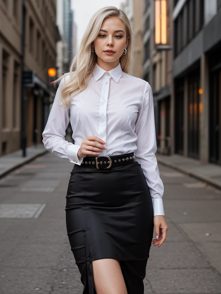 Award-winning photograph capturing the allure of a brilliantly intelligent-looking office lady, solo against the backdrop of a midnight city skyline at an enchanting street light alleyway. The subject, dressed in a pristine white collared shirt, sheet fabric subtly emphasizing every crease and fold, complements her finely defined button detailing. Accentuating her silhouette is a sleek black high-waisted pencil skirt, cinched at the waist with a stylish belt, and adorned with sparkling diamond stud earrings. The lady's long, sleek platinum blonde hair cascades down her shoulders, reflecting the captivating warmth of the