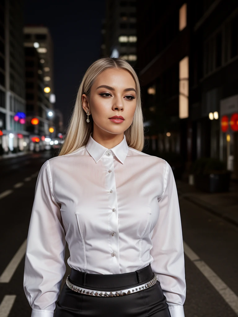 Award-winning photograph capturing the allure of a brilliantly intelligent-looking office lady, solo against the backdrop of a midnight city skyline at an enchanting street light alleyway. The subject, dressed in a pristine white collared shirt, sheet fabric subtly emphasizing every crease and fold, complements her finely defined button detailing. Accentuating her silhouette is a sleek black high-waisted pencil skirt, cinched at the waist with a stylish belt, and adorned with sparkling diamond stud earrings. The lady's long, sleek platinum blonde hair cascades down her shoulders, reflecting the captivating warmth of the