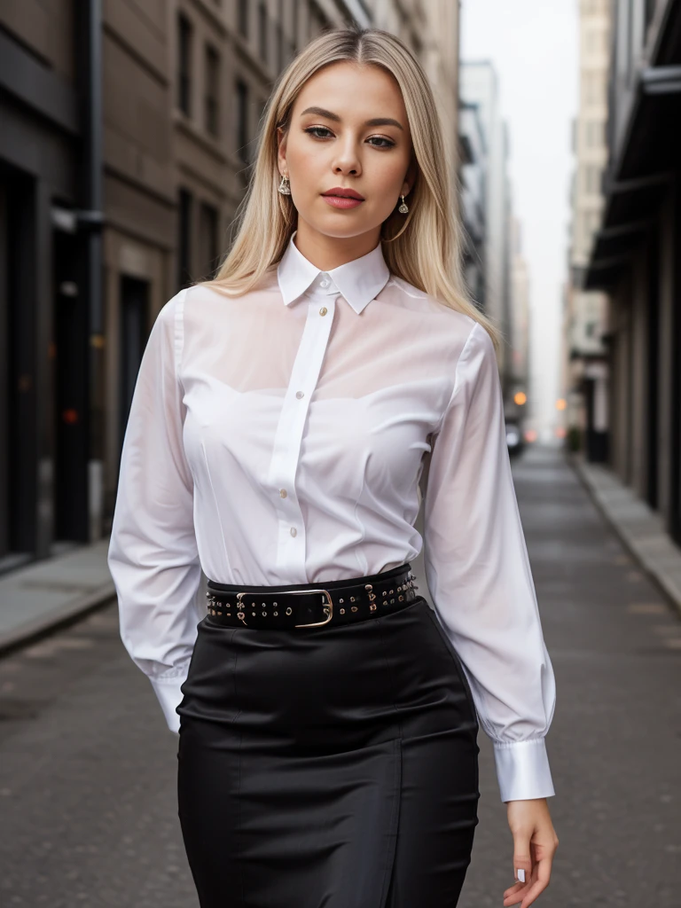 Award-winning photograph capturing the allure of a brilliantly intelligent-looking office lady, solo against the backdrop of a midnight city skyline at an enchanting street light alleyway. The subject, dressed in a pristine white collared shirt, sheet fabric subtly emphasizing every crease and fold, complements her finely defined button detailing. Accentuating her silhouette is a sleek black high-waisted pencil skirt, cinched at the waist with a stylish belt, and adorned with sparkling diamond stud earrings. The lady's long, sleek platinum blonde hair cascades down her shoulders, reflecting the captivating warmth of the