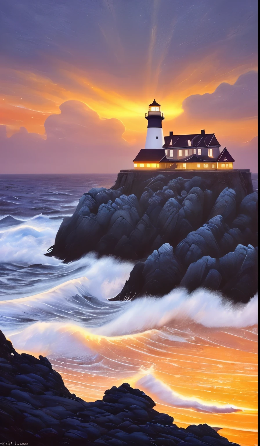 (aesthetic,dreamlike:1.1) A lighthouse standing tall on a rocky coastline, (dramatic,stormy) waves crashing against the rocks. The lighthouse is (majestic and grand) with a (detailed, intricate) design, adorned with (striking, vibrant) colors and patterns. The (beacon, light) at the top of the lighthouse emits a (soft, gentle) glow, guiding lost ships back to shore.

The surrounding scenery is (mysterious, otherworldly), with (low-hanging, wispy) clouds casting eerie shadows over the landscape. (Seagulls, vibrant seabirds) can be seen soaring above, adding life and movement to the scene.

The (weathered, worn) texture of the rocks creates a sense of (history, timelessness), as if the lighthouse has stood there for centuries, weathering the elements. The (rough, wild) ocean waves evoke a feeling of (power, strength), contrasting against the calmness of the lighthouse.

The (sunset, twilight) casts a warm, (golden, ethereal) glow over the scene, enhancing the (dramatic, romantic) atmosphere. The colors shift from (soft pastels, warm oranges) to (rich, deep blues) as the sun slowly disappears below the horizon.

The overall image should have a (painterly, impressionistic) quality, with (subtle, delicate) brushstrokes and a (dreamlike, surreal) ambiance. The light and shadows play an important role in creating depth and dimension in the artwork.

The prompt should convey a sense of (tranquility, mystery), capturing the essence of the lighthouse in a (captivating, mesmerizing) way. The viewer should feel a sense of awe and wonder when observing the artwork, as if they are transported to a different world.

Remember to use the (best quality, high-resolution:1.2) and (ultra-detailed, realistic:1.37) tags to ensure the generated image is of the highest quality.