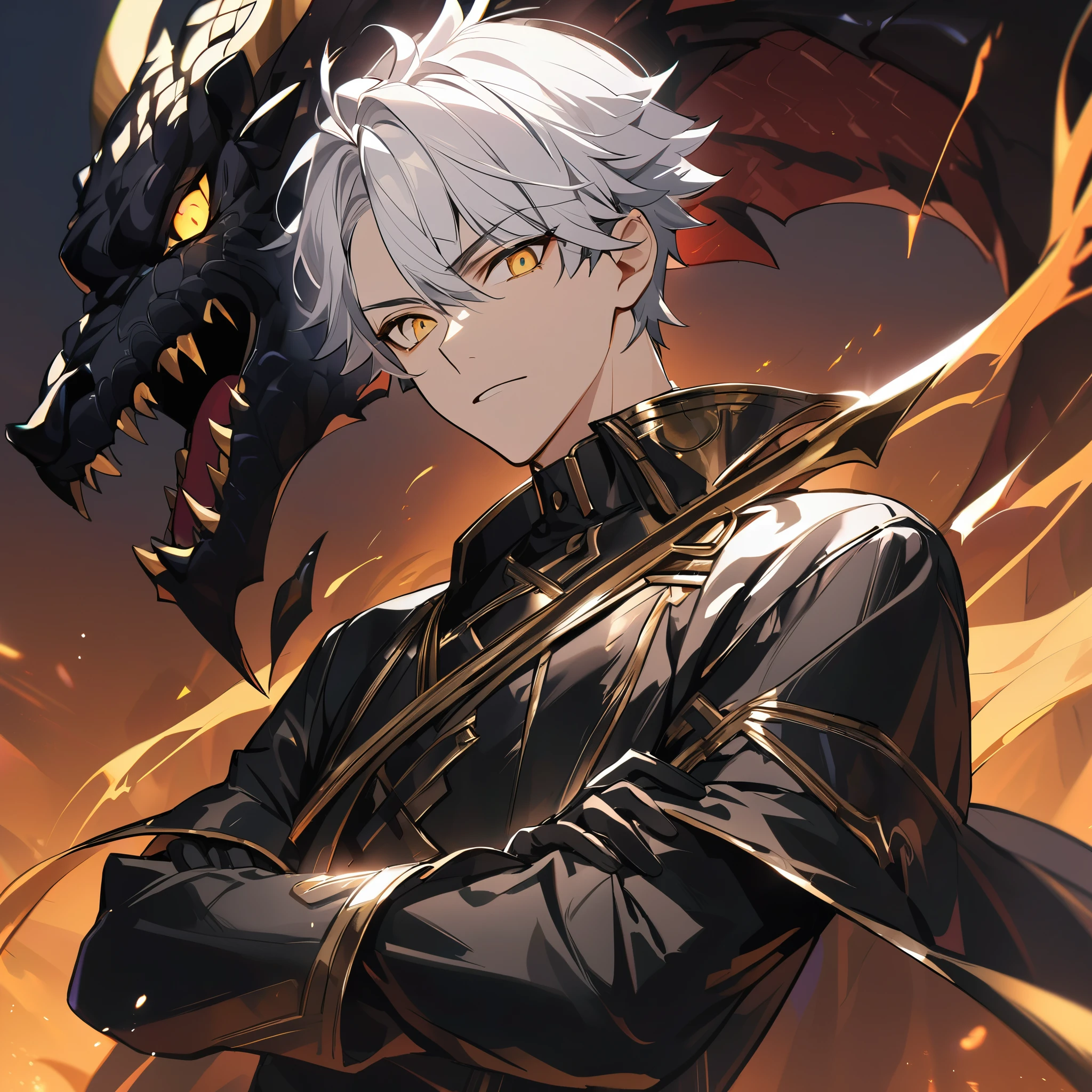 Handsome male, 1male, , teenager, golden lining, short white hair, sharp eyes, gold eyes, devil may cry, close up, calm expression, stoic, black leather clothes, black gloves, crossed arms, upper body, looking at viewer, cowboy shot, black dragon background
