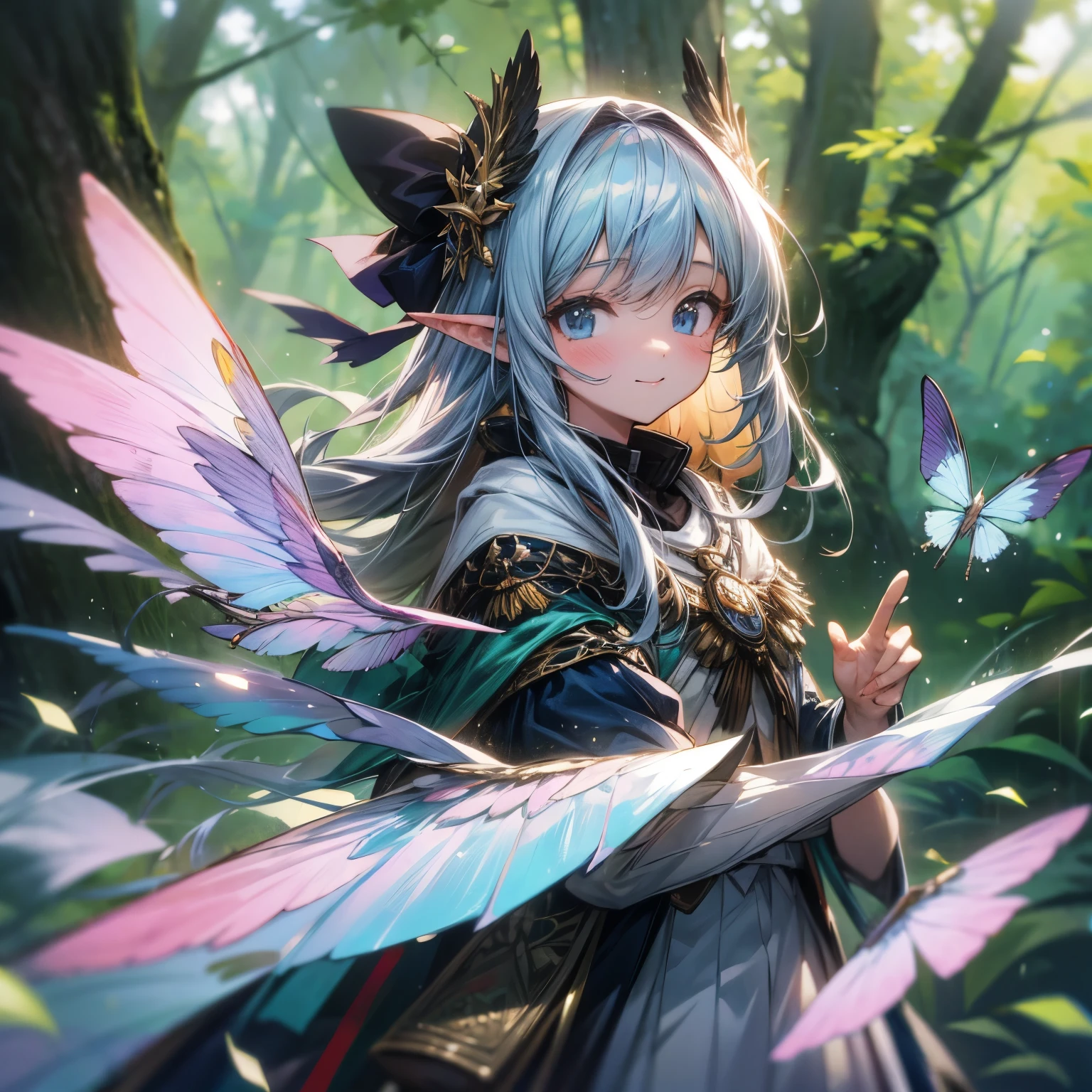 ((Masterpiece)), (Anime:1.5), ((best quality)), (RAW photo:1.2), (High Definition:1.3), (Professional Photography:1.2), (chromatic aberration), 1girl, ((12years old)), Welcome to the unknown, Fairies will guide you, kindly smile, Beautiful girl with a sense of transparency, beautiful fairies, Large transparent blade, flying, Smile brightly, the woods, verdant, forest fae, play,