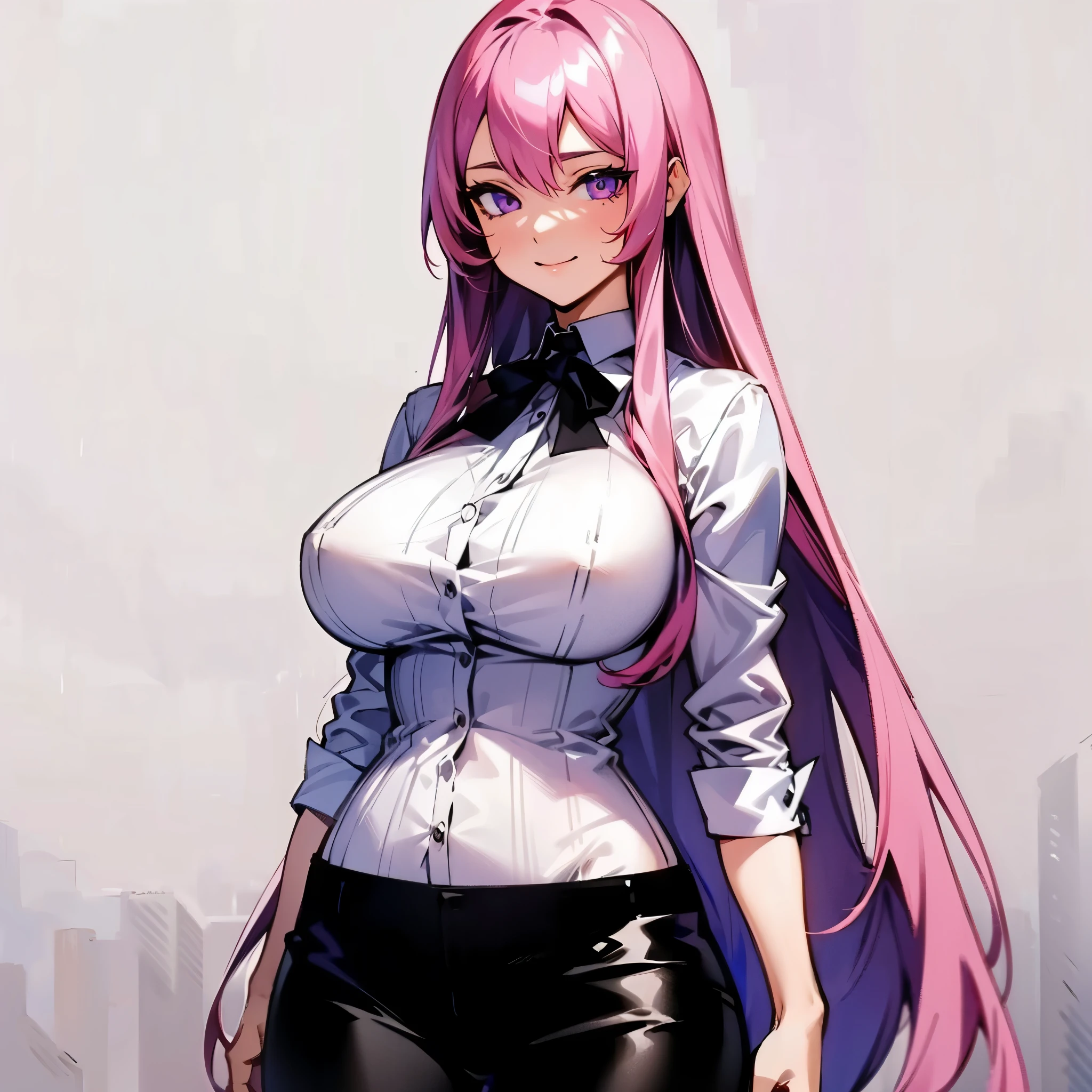 1woman, long pink hair, purple eyes, medium breast, wide hips, white buttoned shirt, black ribbon, black pants, smirk, solo, ((best quality)), ((masterpiece)), portrait, simple background, looking at the camera, from the front, ((detailed)), ((perfect anatomy)), ((detailed art)), ((high definition)), ((4k)), ((high resolution))