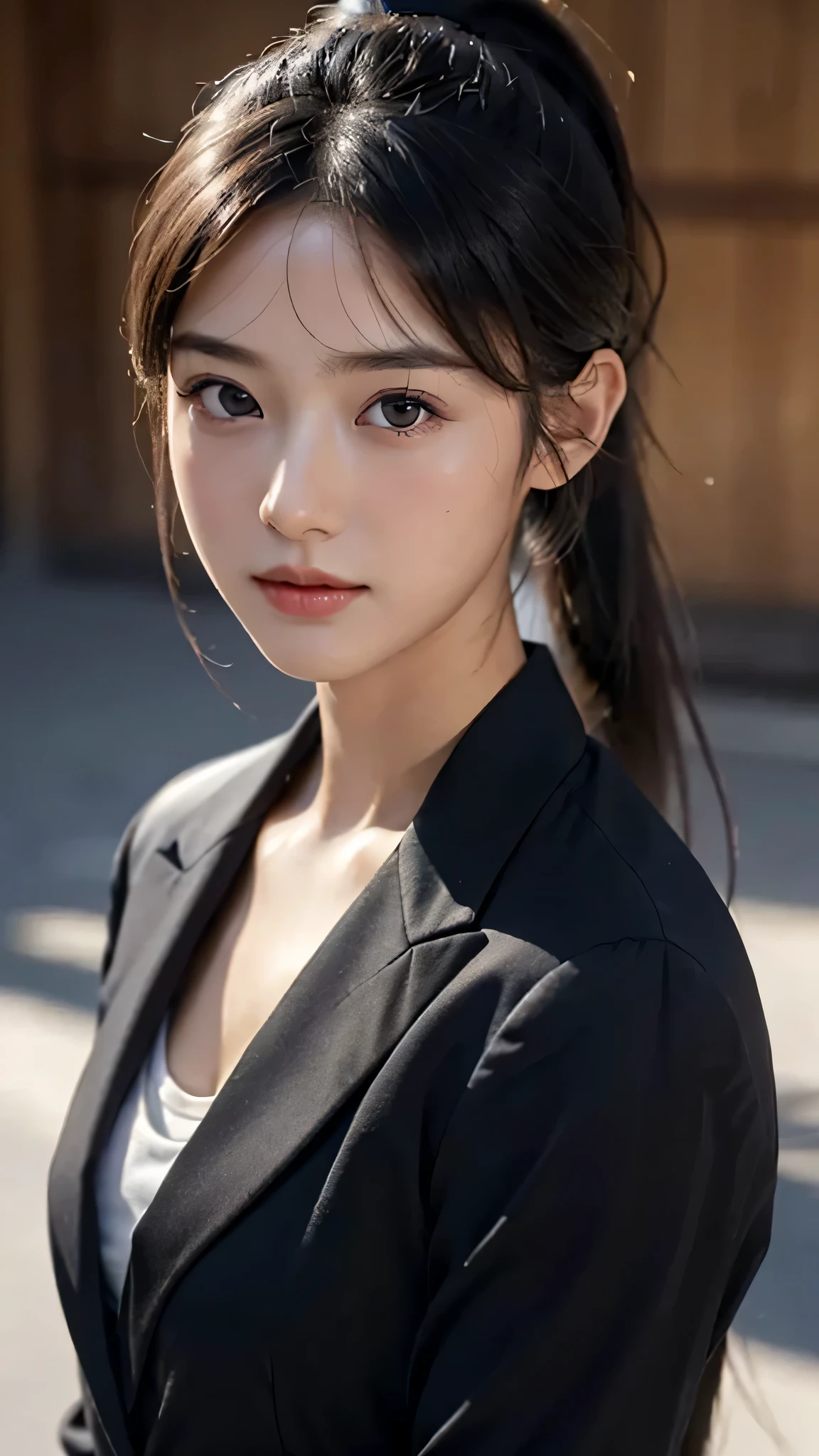 One woman,fully body photo,masutepiece, The highest image quality, High quality, the background is clear，Beautiful woman, Japanese, Detailed, Detailed eyes, Detailed skin, Beautiful skin, 超hight resolution, (reality: 1.4),Very beautiful woman, Slightly younger face, Beautiful skin, slender, (Ultra photo realsisim), (hight resolution), (8K), (Very detailed) (beautifully detailed eyes), (super detailed),   (Detailed face), view the viewer, Fine details, Detailed face, Staring straight ahead, Staring straight ahead, photos realistic, Bright lighting, Professional Lighting, Black hair,poneyTail,a baby face,sixteen years old,Hairstyle is ponytail,long ponytail hairstyle,slight smile,business suit,