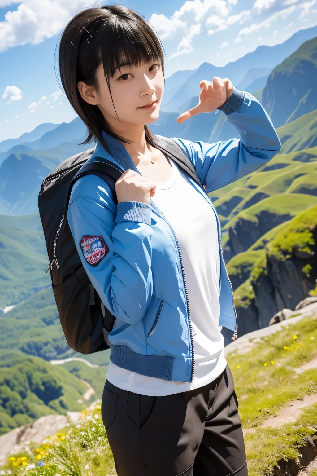 (masterpiece, highest quality, 8k wallpaper, High resolution, Super realistic), 1 girl, alone, Whole body composition seen from a distance, slender body shape: 1.1, Japanese, very delicate and beautiful woman, cute face, beautiful face, beautiful eyes, detailed face, detailed face, fine eyes, detailed nose, detailed mouth, short hair, black eye, carrying a big backpack, Backpacker, mountain climbing家, view from the top of the mountain, fine hands, detailed feet, finger details , Mountain jacket as outerwear, T-shirt, trekking pants, trekking, hiking, wearing trekking shoes, outdoors, small breasts, natural scenery pictureountain climbing;Spectacular summer mountain landscape with rugged mountains in the distance, Wonderful contrast between the blue sky and white clouds. camera = "Sony α7IV";lens="Tamron 28-200mm F/2.8-5.6 Ⅲ RXD";" aperture = f/6.3";" shutter speed = 1/1600 seconds";" ISO=100";
