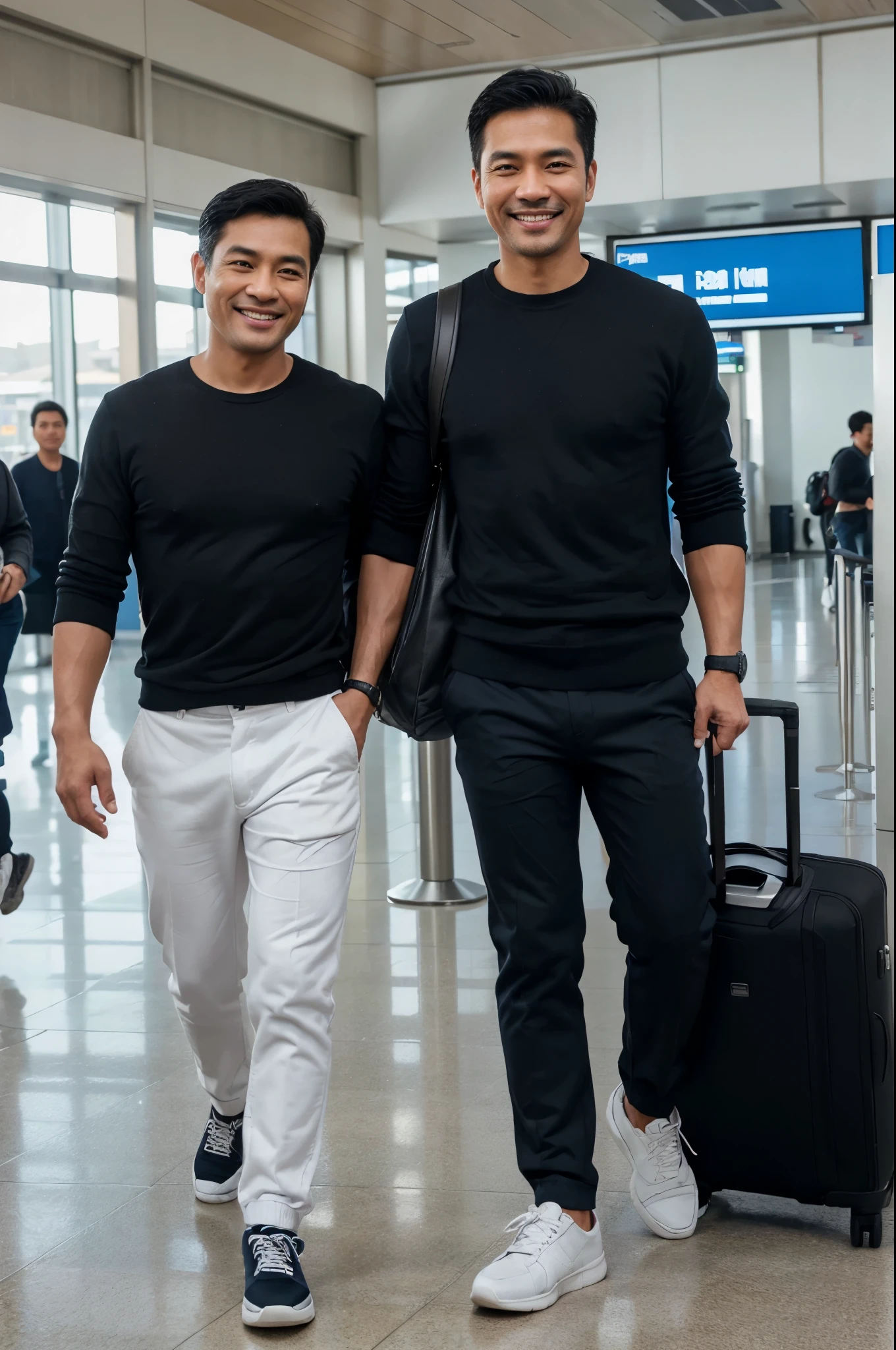 An 8K hyper-realistic photo image full body of The most handsome person,around 40s, a man from South East Asia with short black hair wearing a blue crewneck and black long chino pants,smiling happiness to camera, wearing white shoes, is carrying a suitcase shaped like a cell phone, in the airport  background