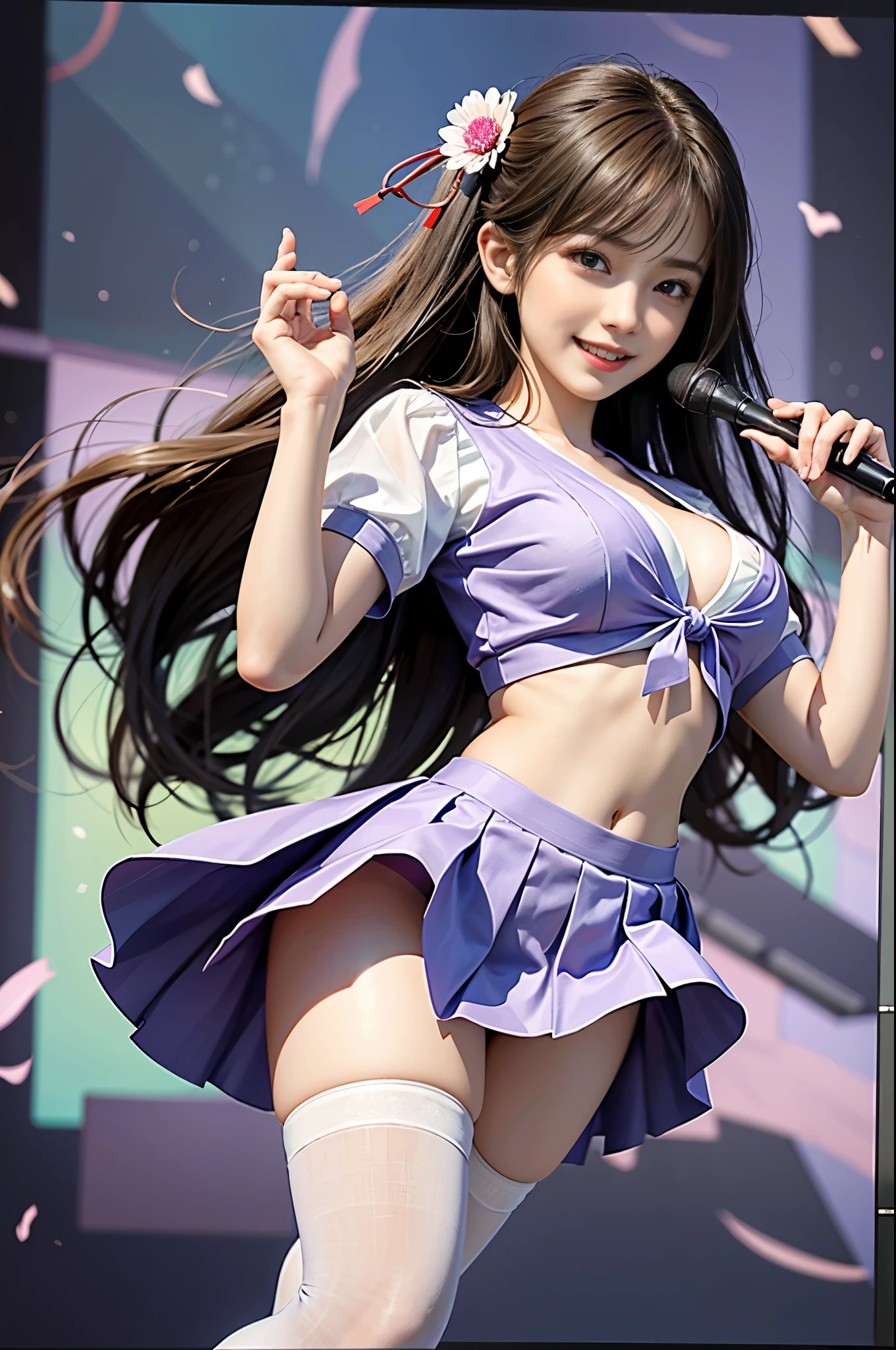 <Quality improvement prompts>
BREAK
(large_breast:1.4),(beautiful thighs:1.4),(midriff-baring:1.5),1girl,(21yo,idol,Cute perform on stage:1.2),
<Other character appearance prompts>
(kimono style armband,japanese style tie,silk vest,check pleated skirt,frilled dress shirts,short sleeve,high school uniform:1.5),floral pattern hair band,red,blue
BREAK,
(white over-knee-socks:1.15),(zettai ryouiki:1.3),
BREAK, ((highest quality、8K、masterpiece:1.3))、sharp focus:1.2、(genuine、photogenuineistic:1.37)、(shining smile:1.5)、beautiful face woman、28 years old、pointed chest、long eyelashes、colored contact lenses、big breasts 、delicate、very fine eyes、highly detailed eyebrows、(sharp eyebrows)、(thin eyebrows).highly detailed face、(((beautiful feet:1.3)))、((beautiful breasts:1.3)、(brunette tousled hair)、(28 years old女性:1.2)、(Korean)、
<expression、illumination、background、Other prompts>(idol stage:1.3)