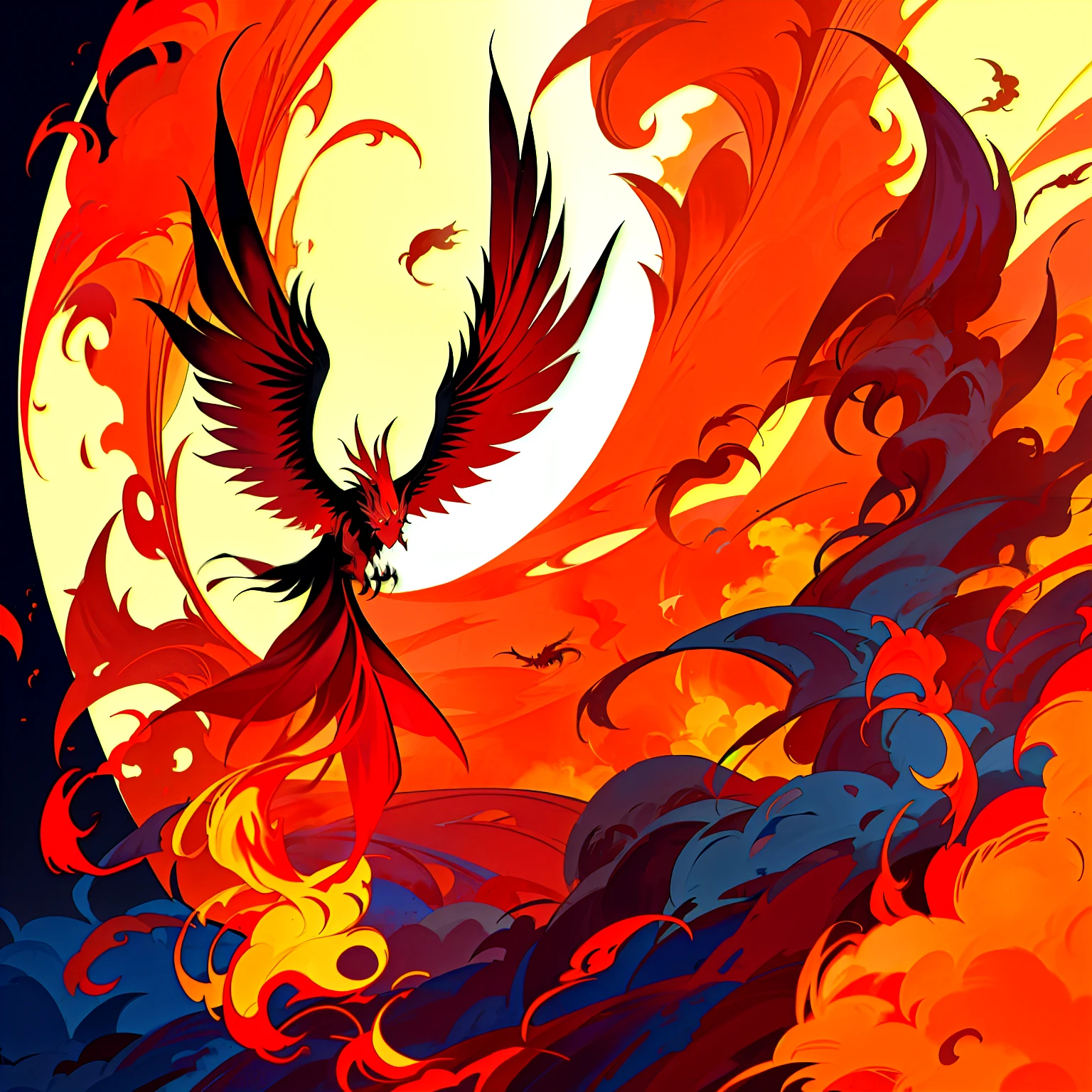 there is a RED PHOENIX that is flying in the SKY, PHOENIX in fire, ''wallpaper of a PHOENIX resting, ''wallpaper of a PHOENIX, FIRE, artwork of a PHOENIX, PHOENIX rising from the ASHES, phoenix-inspired
