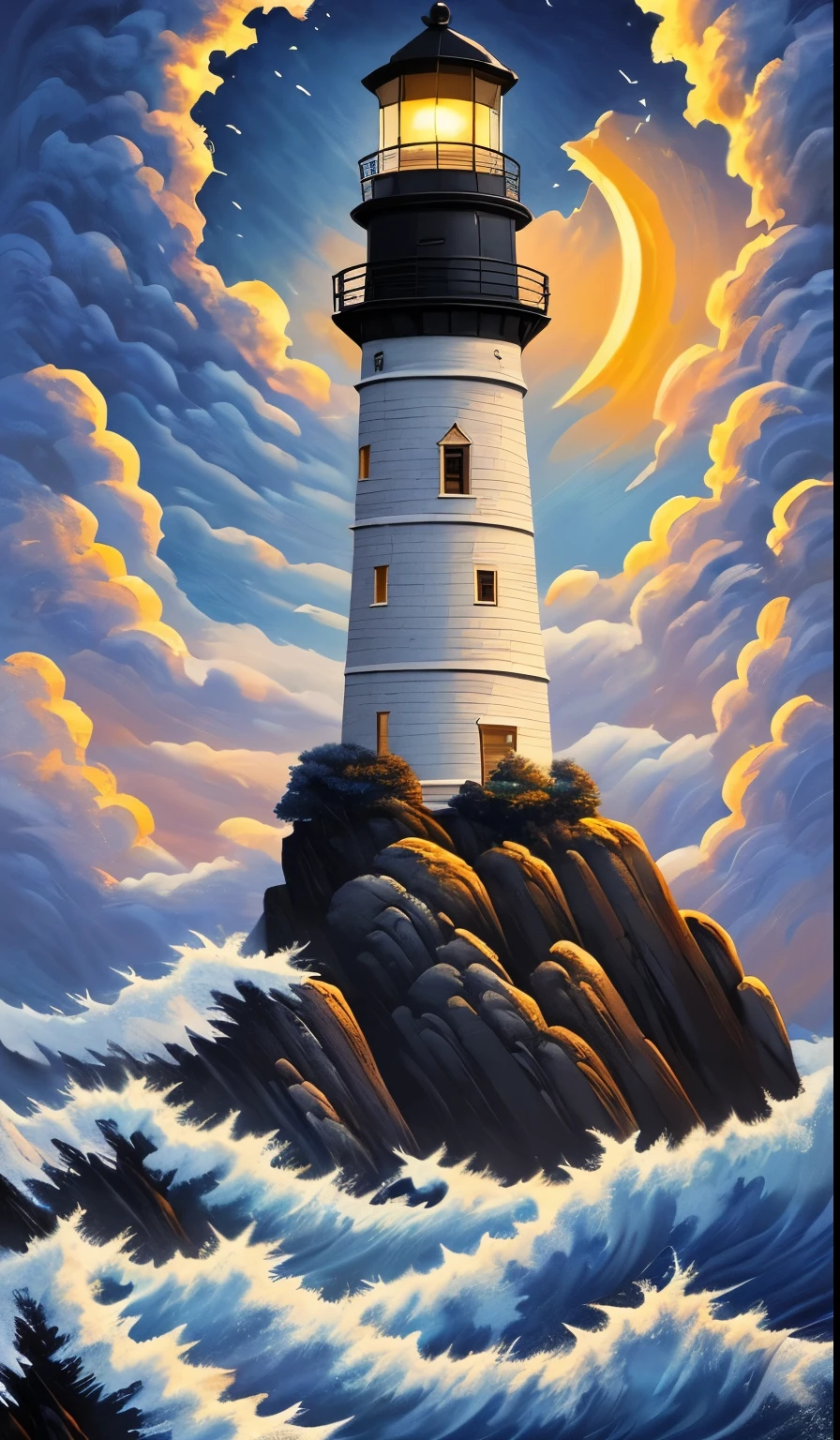 (aesthetic,dreamlike:1.1) A lighthouse standing tall on a rocky coastline, (dramatic,stormy) waves crashing against the rocks. The lighthouse is (majestic and grand) with a (detailed, intricate) design, adorned with (striking, vibrant) colors and patterns. The (beacon, light) at the top of the lighthouse emits a (soft, gentle) glow, guiding lost ships back to shore.

The surrounding scenery is (mysterious, otherworldly), with (low-hanging, wispy) clouds casting eerie shadows over the landscape. (Seagulls, vibrant seabirds) can be seen soaring above, adding life and movement to the scene.

The (weathered, worn) texture of the rocks creates a sense of (history, timelessness), as if the lighthouse has stood there for centuries, weathering the elements. The (rough, wild) ocean waves evoke a feeling of (power, strength), contrasting against the calmness of the lighthouse.

The (sunset, twilight) casts a warm, (golden, ethereal) glow over the scene, enhancing the (dramatic, romantic) atmosphere. The colors shift from (soft pastels, warm oranges) to (rich, deep blues) as the sun slowly disappears below the horizon.

The overall image should have a (painterly, impressionistic) quality, with (subtle, delicate) brushstrokes and a (dreamlike, surreal) ambiance. The light and shadows play an important role in creating depth and dimension in the artwork.

The prompt should convey a sense of (tranquility, mystery), capturing the essence of the lighthouse in a (captivating, mesmerizing) way. The viewer should feel a sense of awe and wonder when observing the artwork, as if they are transported to a different world.

Remember to use the (best quality, high-resolution:1.2) and (ultra-detailed, realistic:1.37) tags to ensure the generated image is of the highest quality.