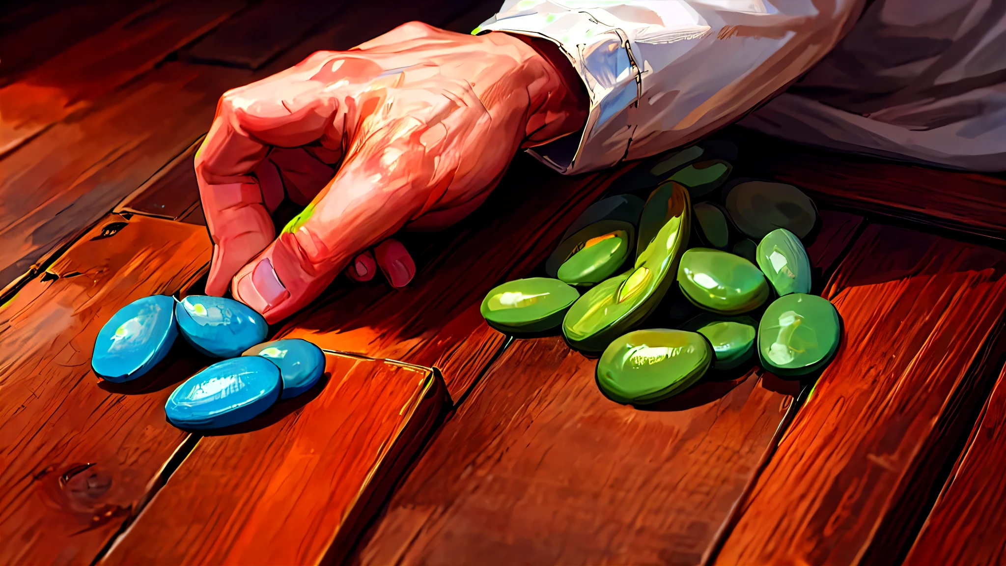 Old man&#39;s hand. Hand angle. Focus on the hand. Magic beans placed on a small piece of cloth. The background is an old wooden floor.