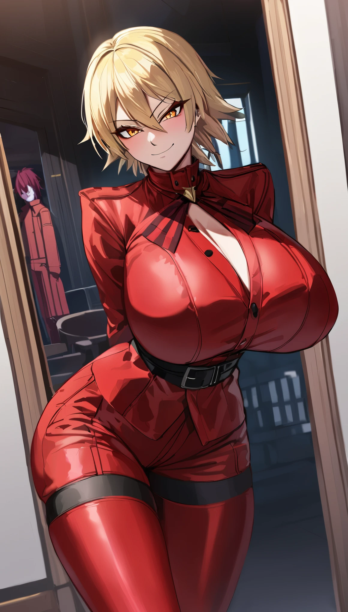 Hellsing ultimate, 1girl, front view, gigantic tits, blue jumpsuit, jumpsuit, d, striped thighhighs, red thighhighs, dutch angle, best quality, amazing quality, very aesthetic, absurdres, blonde hair, seras victoria, hellsing, seras, arms behind back, smug, indoors, solo, solo focus, fancy velvet BDSM dungeon