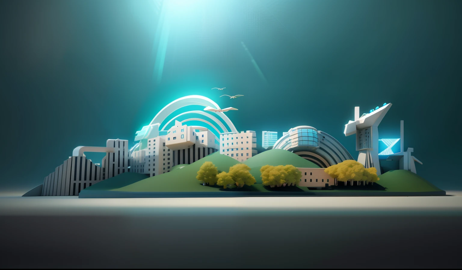 Installation, green and sky blue, high resolution, high quality, sharp focus, octane rendering with global light source, studio lighting and volumetric lighting, high contrast, soft shadows, no blurring, sharp details c4d, unreal engine 5, rendering 3d，4D color rendering, 3D rendering stylized, Stylized digital illustration, 3 d stylize scene, stylized 3d rendering