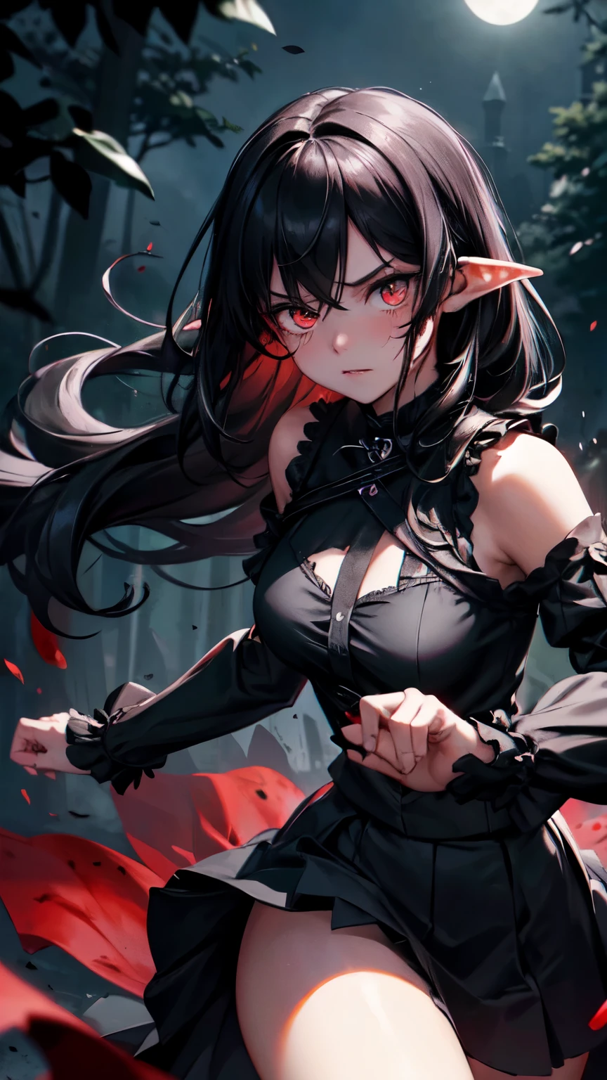 Make a dark elf with long black hair, Eyes red, long black dress, holding knives for angry combat Make her beautiful with beautiful body 
