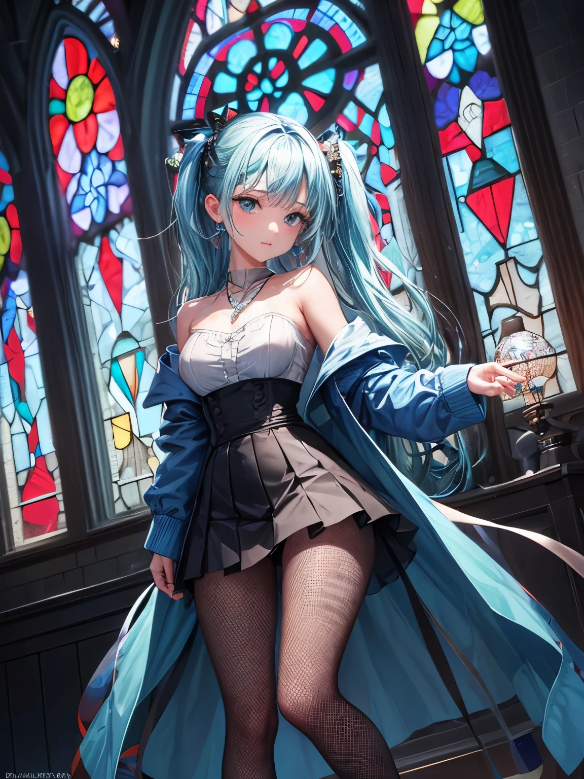 ((Biologically correct number of limbs、correct hand drawing))、((full body shot, Full body photo including face、head to toe photo))、[NSFW]、4K、masterpiece、((focus on the face、Shoot with focus on the face)), , ((Cute symmetrical face))、Full Beautiful Girl、Beautiful woman、slender body、(small butt、thin thighs）、((Blue blazer and off-shoulder shirt、blue box pleat skirt、(black high heels、black fishnet tights、anklet))、small earrings、necklace、turn away from the viewer、The subject is far away、shallow depth of field、wide angle focal length、upward glance、Low - Angle、realistic pictures、(In front of the stained glass shining in the dark night)、