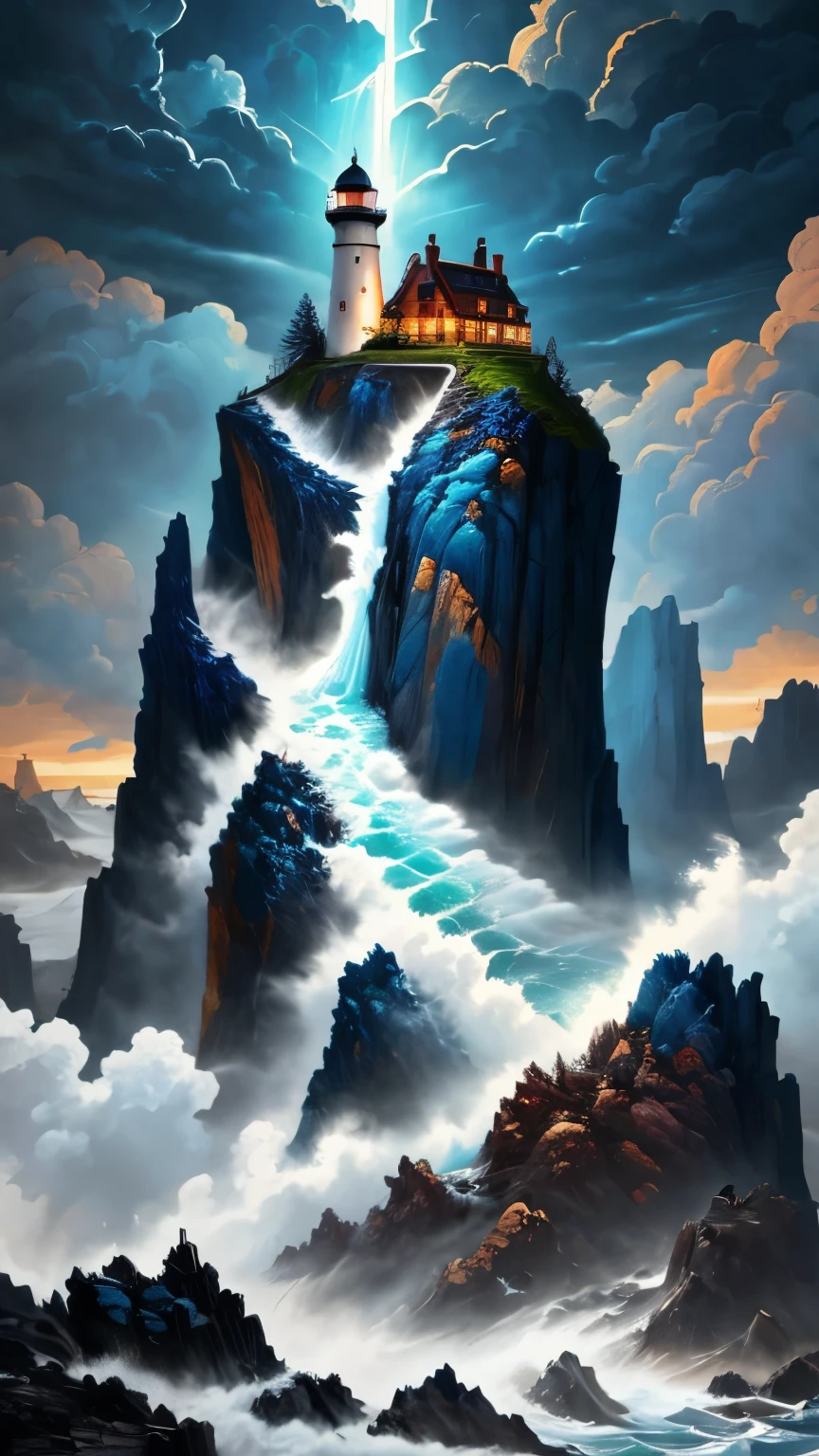 (best quality,4k,highres,ultra-detailed:1.2), intense stormy seascape,ominous,raging foaming waves crashing against jagged rocks, a precarious lighthouse perched on a cliff casting its beam of light into the darkness, evoking a sense of danger and adventure,illustration,digital art,horror theme,vivid colors,harsh sunlight lighting the scene