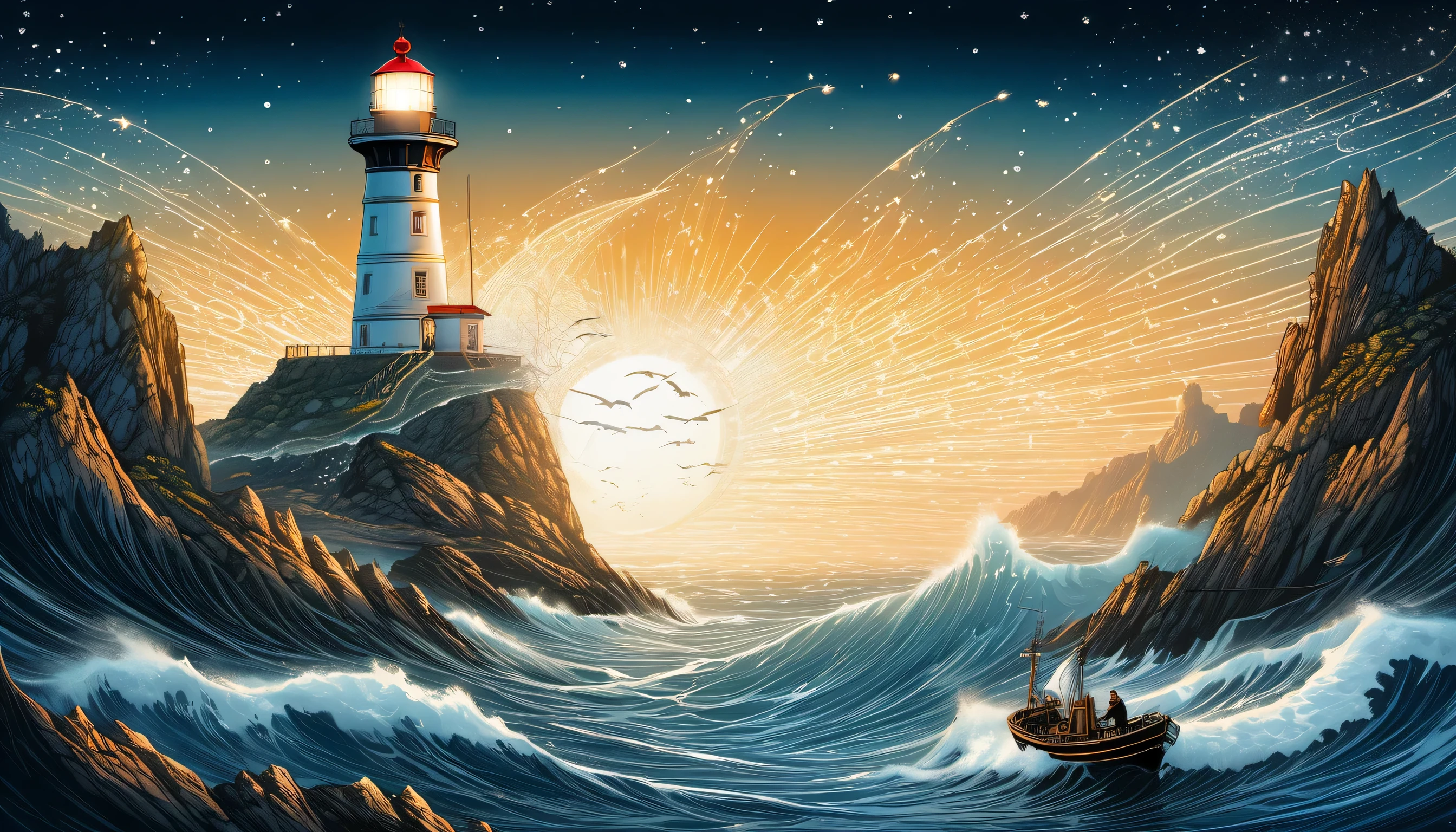 elaborate crossover and multiple-exposure-like illustration, high ground and fine detail sea, intricate detail if 1 lighthouse, 1 seasoned and fearless slender fisherman of upper body, stunning fine detailed fishing ship, falling star, high quality, best quality, distinctly contrast, conscientious of draw and painting, beautiful detail glow, 16k, precision like draw, minuteness painting, wide shot, night fantasy style,