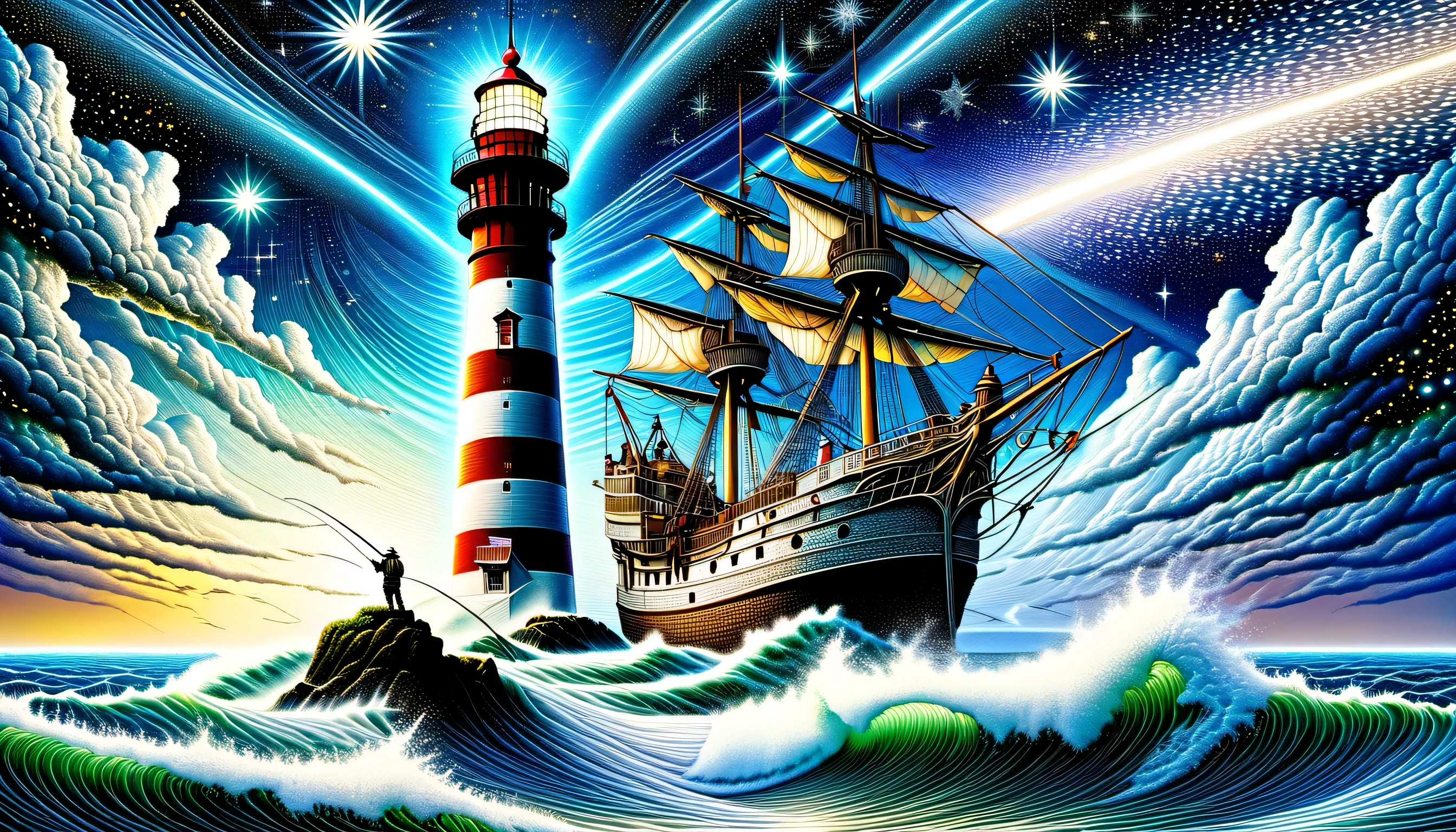 elaborate crossover illustration, high ground and fine detail sea, intricate detail if 1 lighthouse, 1 seasoned and fearless slender fisherman of upper body, stunning fine detailed fishing ship, falling star, high quality, best quality, distinctly contrast, conscientious of draw and painting, beautiful detail glow, 16k, precision like draw, minuteness painting, wide shot, night fantasy style, captured, breathtaking glow skill and precision contrast, highly quality oil painting, accurate details,