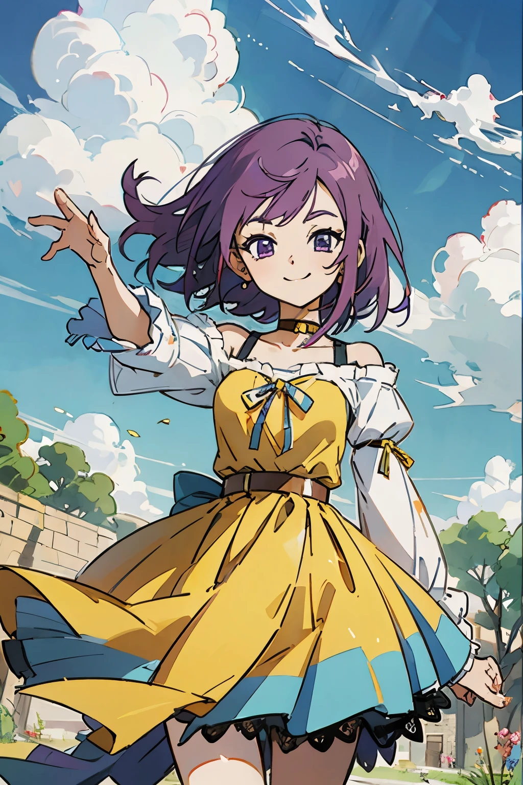 Kisho, 1 girl, Purple hair, Purple eyes, showa town, Ruins, Bang, Beautiful sky, shining sky, Sunshine, Smiling, Waving, Belts, ribbon choker, Dresses that blow the wind, black Lace dress, sweater, Off-shoulder sleeves