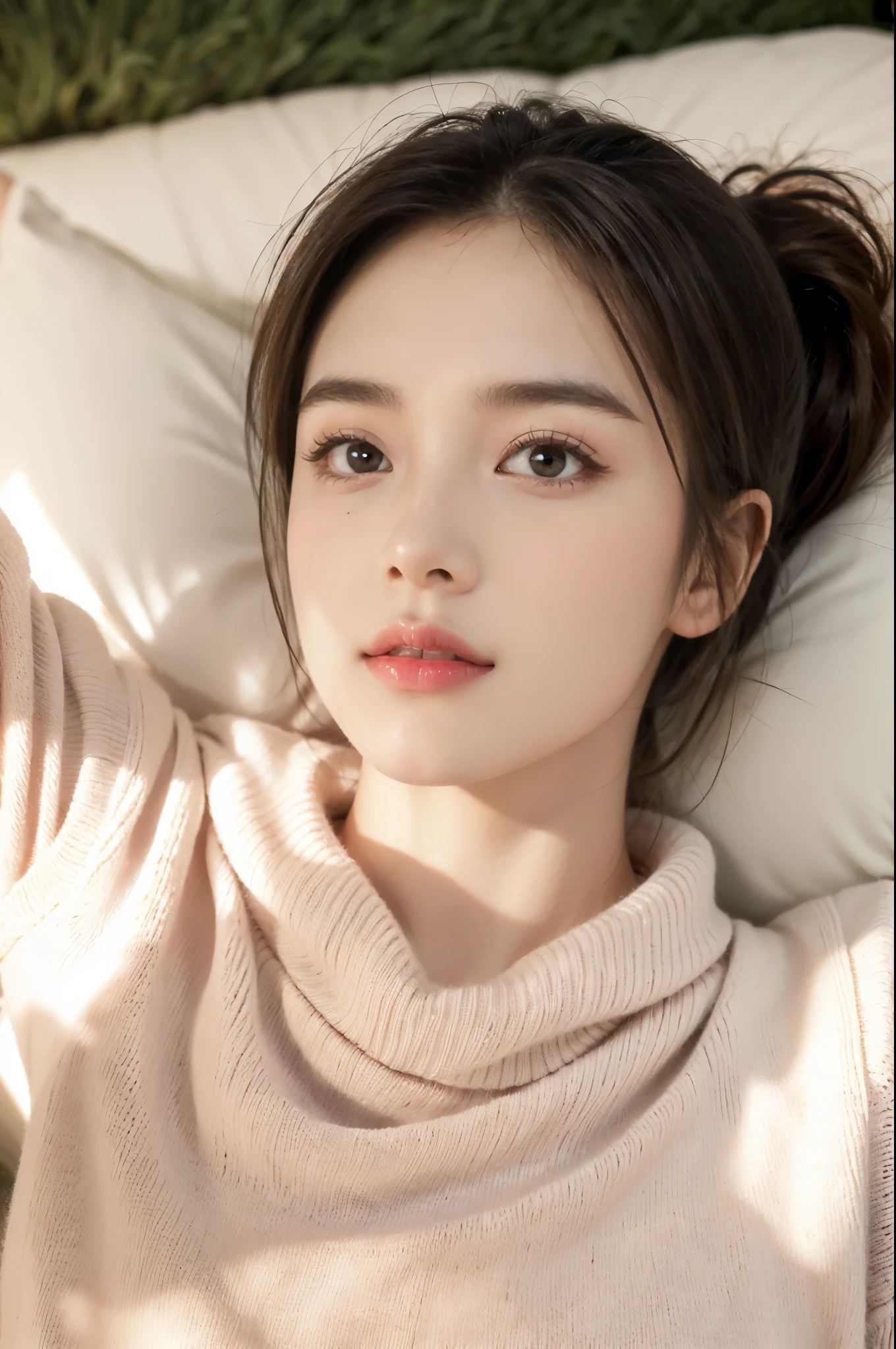 ((((8k))),((Extremely meticulous CG)) ,(wallpaper),16k,((Extremely refined and beautiful)),(((Masterpiece))),(((best qualtiy))),(((Ultra High Resolution))),beautiful light up,Perfect lightning,realistic shaded,((high resolution)),(Smooth and flawless fair skin:1.5),(pale skin:1.3),(Extremely exquisite facial details:1.2),(perfect body:1.1),(ultra-detailed),((A beautiful girl,solo)),(small head:1.2),(short ponytail:1.2),(small face:1.2),(baby face:1.3),(female orgasmic:1.5),(blush:1.3),(ahegao:1.3),(Exquisite makeup:1.2),(shiny skin:1.5),(sweat:1.3),(small breasts:1.2),(flat chests:1.2),((slim,thin)),happy,(laughing:1.2),(light beige_pink sweater:1.5),(night scene:1.5),(indoor:1.2),(lying flat on back on the green bed:1.5),(close-up of face:1.5),(from above:1.3),(top view:1.3),(selfie:1.5)