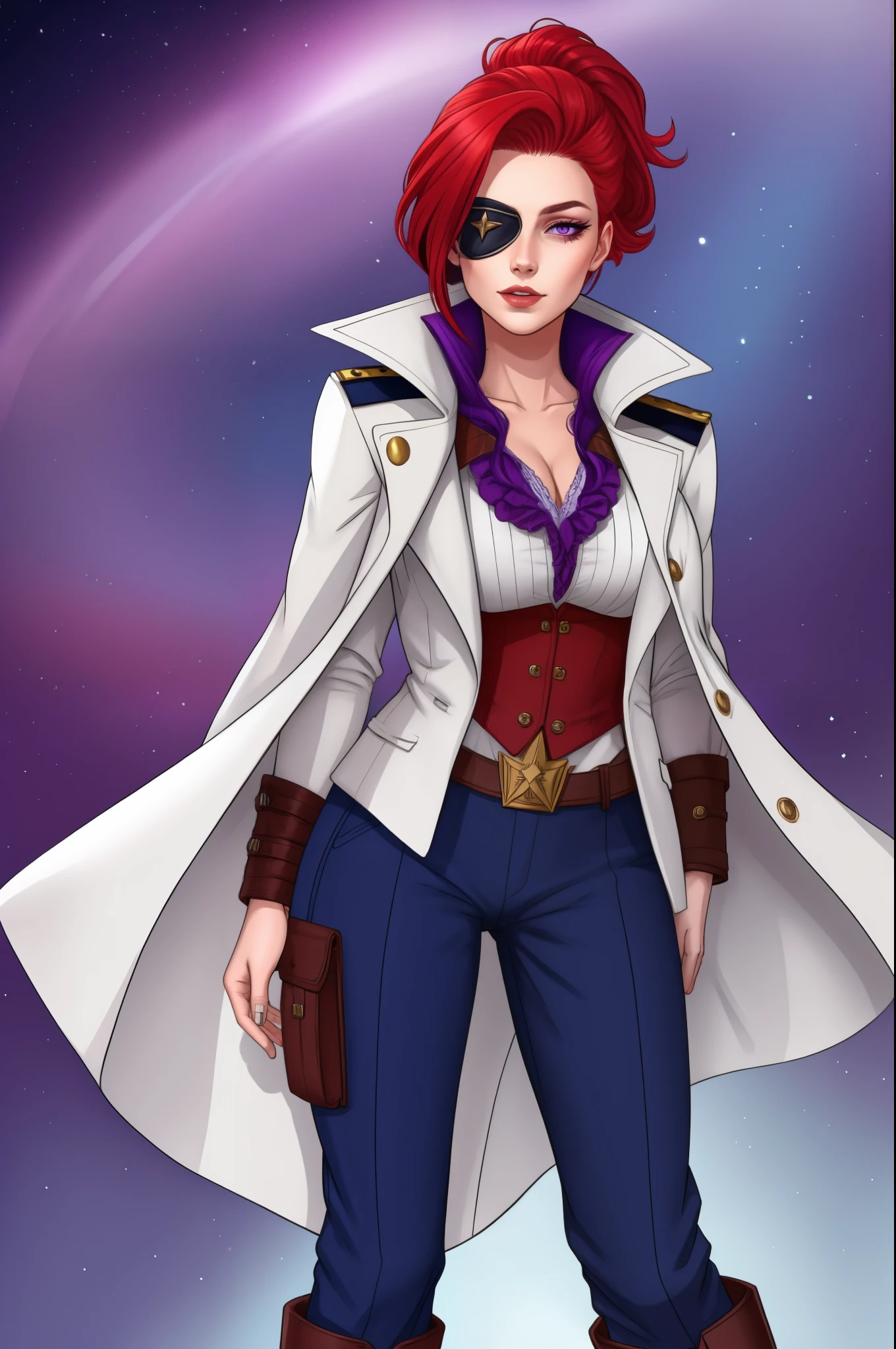 Captain Alexandra Nelly: bright red hair with purple streaks, deep blue left eye with a faint magical glow, right eye covered by a plain eye patch concealing a scar extending across the right side of her face. Wears a practical yet stylish captain's outfit: tailored coat, rugged trousers, and boots suitable for sky navigation. Her aura is one of determination, resilience, and a touch of mystique, hinting at her human and magical heritage.