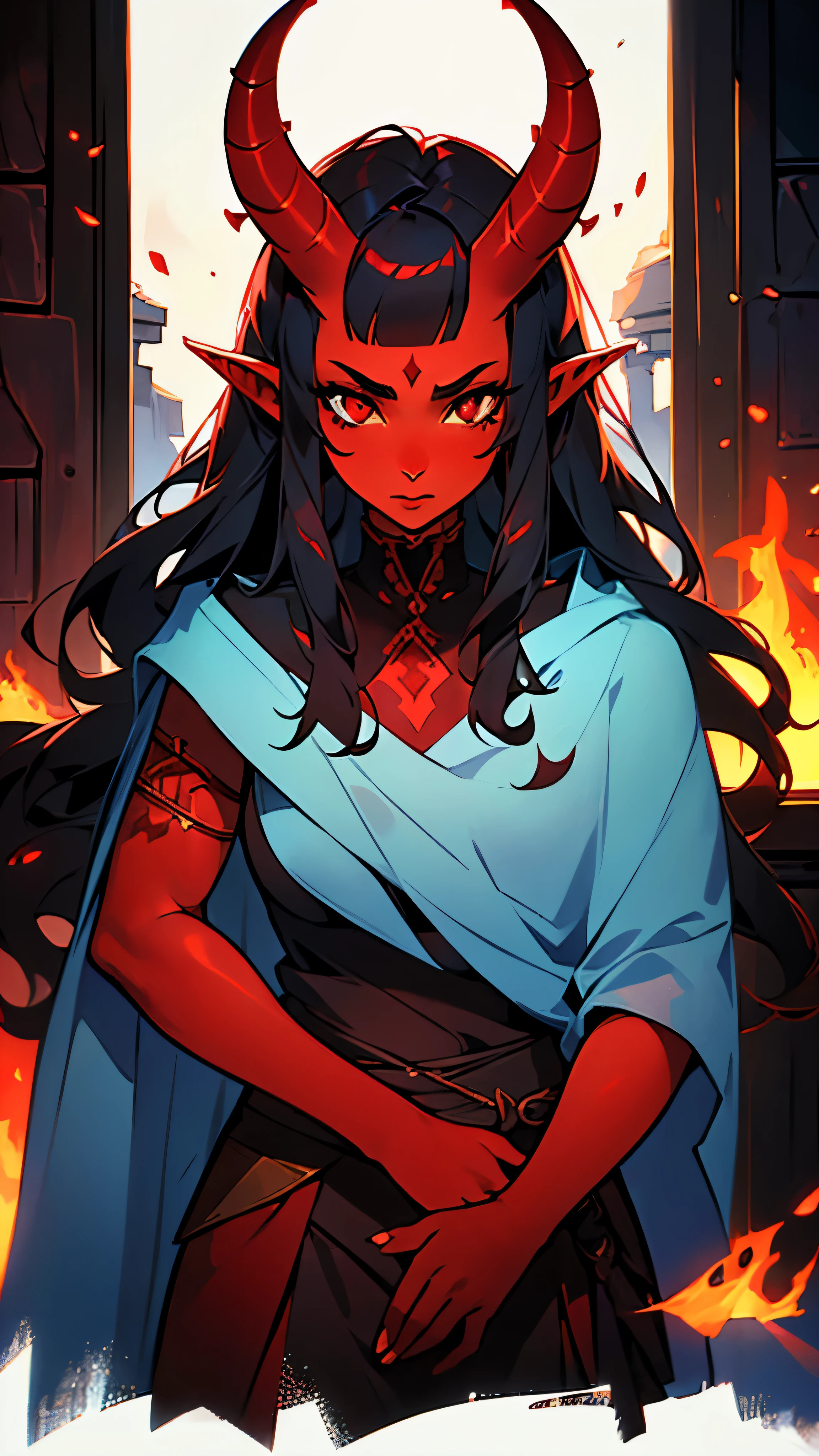 1 mature girl, tiefling, solo, red-skinned girl, red skin, black hair, long black hair with curtain bangs, elf ears, red eyes, horns on forehead, oni horns, 8k, highdef, ultrares, high quality face, high quality