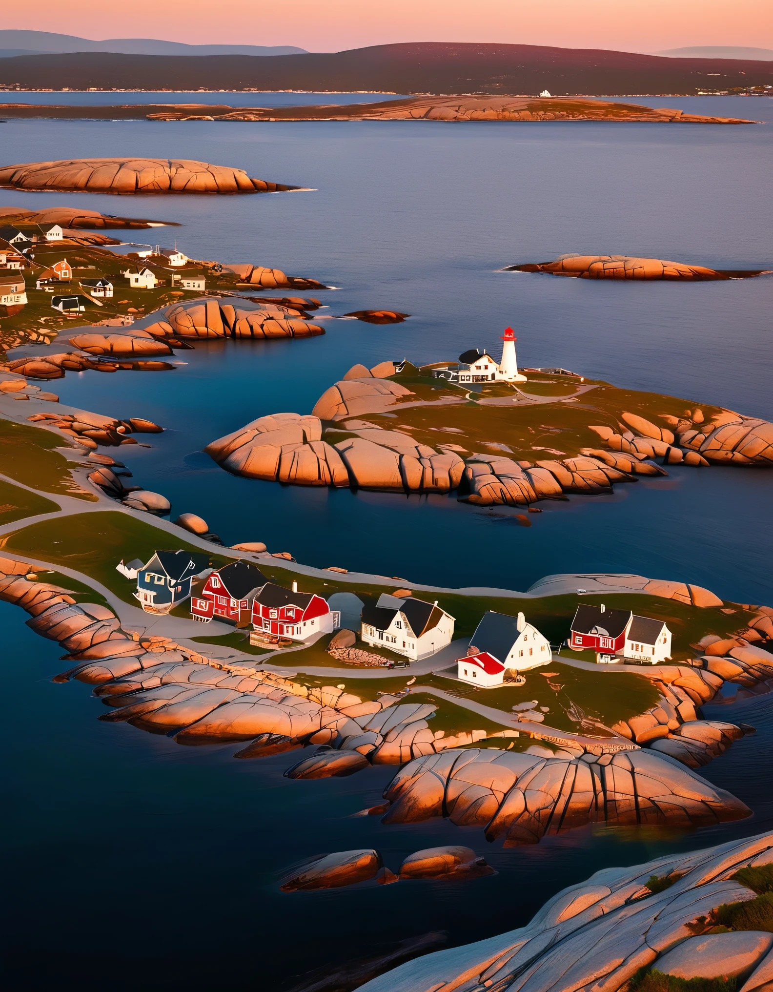 Canada's horseshoe-shaped Peggy's Cove in the center of the picture,There are rocks on both sides,Huge sunset,Short-haired girl sitting on the embankment eating lobster