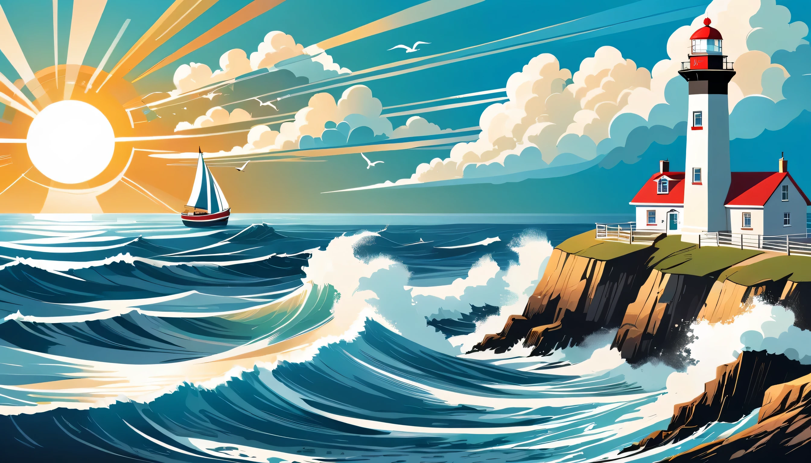 fused retro house and lighthouse on the cliff, on the cliff leading from the sandy beach rough waves sea, 1 medium fishing boat with long-shot, 2 seagull, genius composition and angle of vector art, natural sun ray, horizon with thunderclouds, high quality, best quality, distinctly contrast, conscientious of draw and painting,