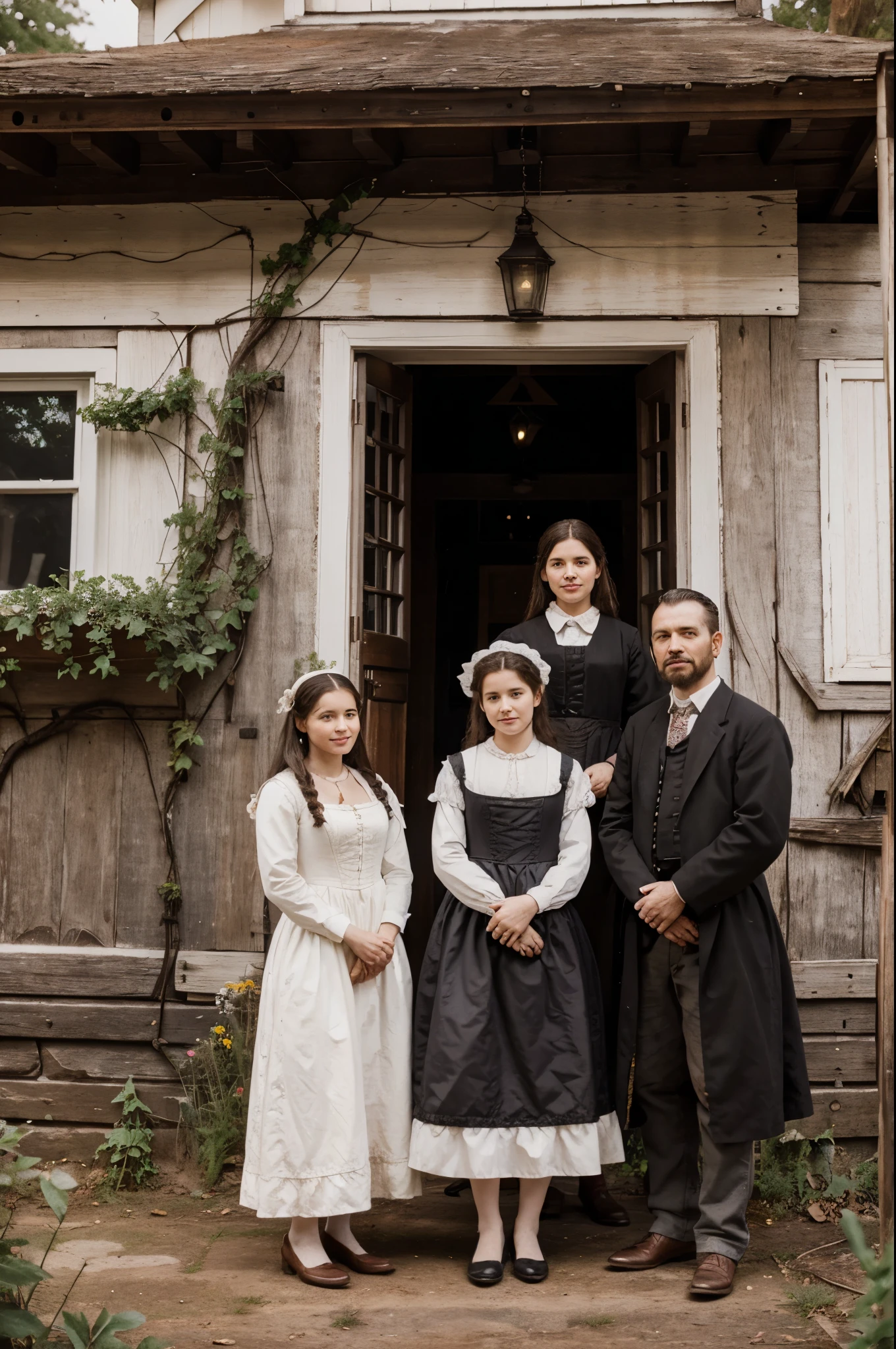 happy family, beautiful family, puritan 17th century family, beautiful old house, 4k, Photoshop