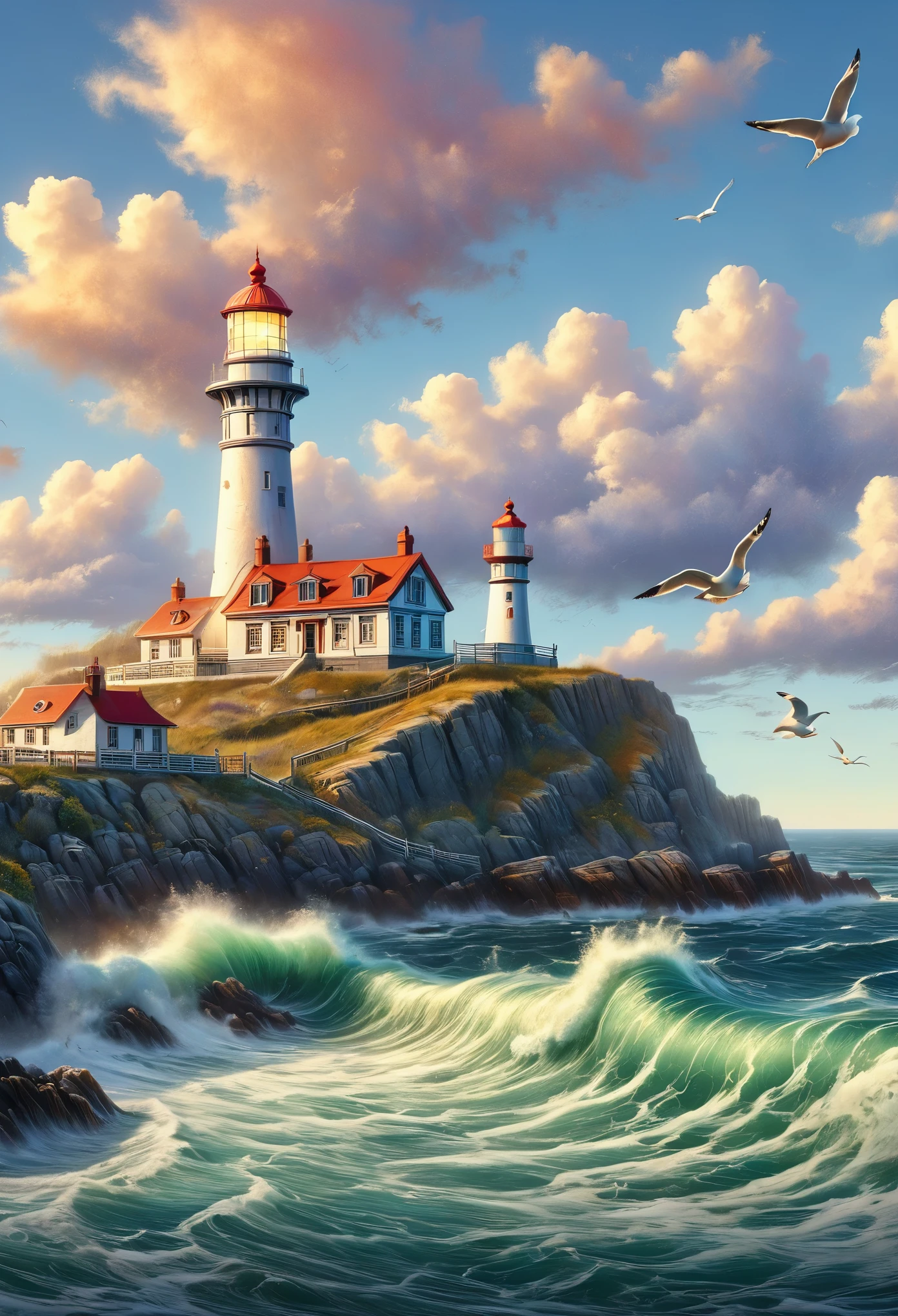 (aesthetic,dreamlike:1.1) A lighthouse standing tall on a rocky coastline, (dramatic,stormy) waves crashing against the rocks. The lighthouse is (majestic and grand) with a (detailed, intricate) design, adorned with (striking, vibrant) colors and patterns. The (beacon, light) at the top of the lighthouse emits a (soft, gentle) glow, guiding lost ships back to shore.

The surrounding scenery is (mysterious, otherworldly), with (low-hanging, wispy) clouds casting eerie shadows over the landscape. (Seagulls, vibrant seabirds) can be seen soaring above, adding life and movement to the scene.

The (weathered, worn) texture of the rocks creates a sense of (history, timelessness), as if the lighthouse has stood there for centuries, weathering the elements. The (rough, wild) ocean waves evoke a feeling of (power, strength), contrasting against the calmness of the lighthouse.

The (sunset, twilight) casts a warm, (golden, ethereal) glow over the scene, enhancing the (dramatic, romantic) atmosphere. The colors shift from (soft pastels, warm oranges) to (rich, deep blues) as the sun slowly disappears below the horizon.

The overall image should have a (painterly, impressionistic) quality, with (subtle, delicate) brushstrokes and a (dreamlike, surreal) ambiance. The light and shadows play an important role in creating depth and dimension in the artwork.

The prompt should convey a sense of (tranquility, mystery), capturing the essence of the lighthouse in a (captivating, mesmerizing) way. The viewer should feel a sense of awe and wonder when observing the artwork, as if they are transported to a different world.

Remember to use the (best quality, high-resolution:1.2) and (ultra-detailed, realistic:1.37) tags to ensure the generated image is of the highest quality.