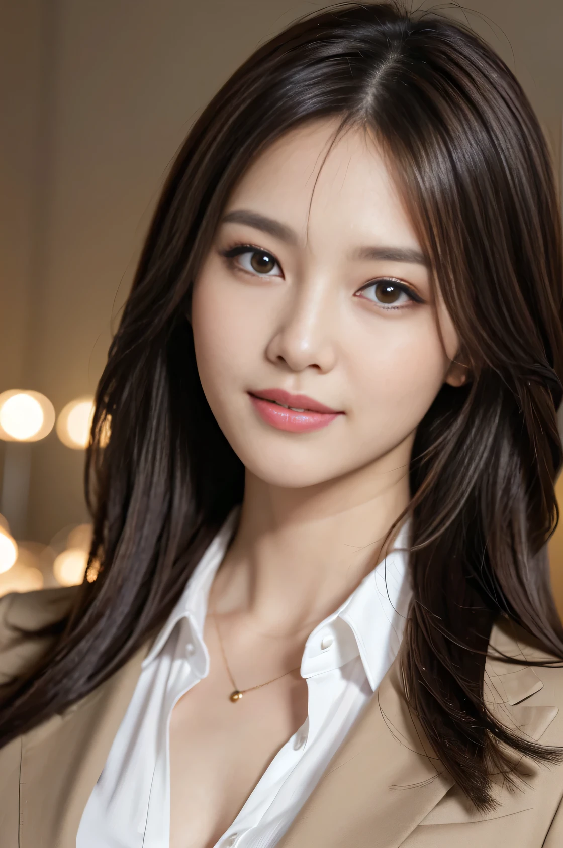 table top、highest quality、real、Super detailed、finely、High resolution、8k wallpaper、one beautiful woman、、light brown messy hair、wearing a business suit、sharp focus、perfect dynamic composition、beautiful detailed eyes、thin hair、Detailed realistic skin texture、smile、close up portrait、model body shape