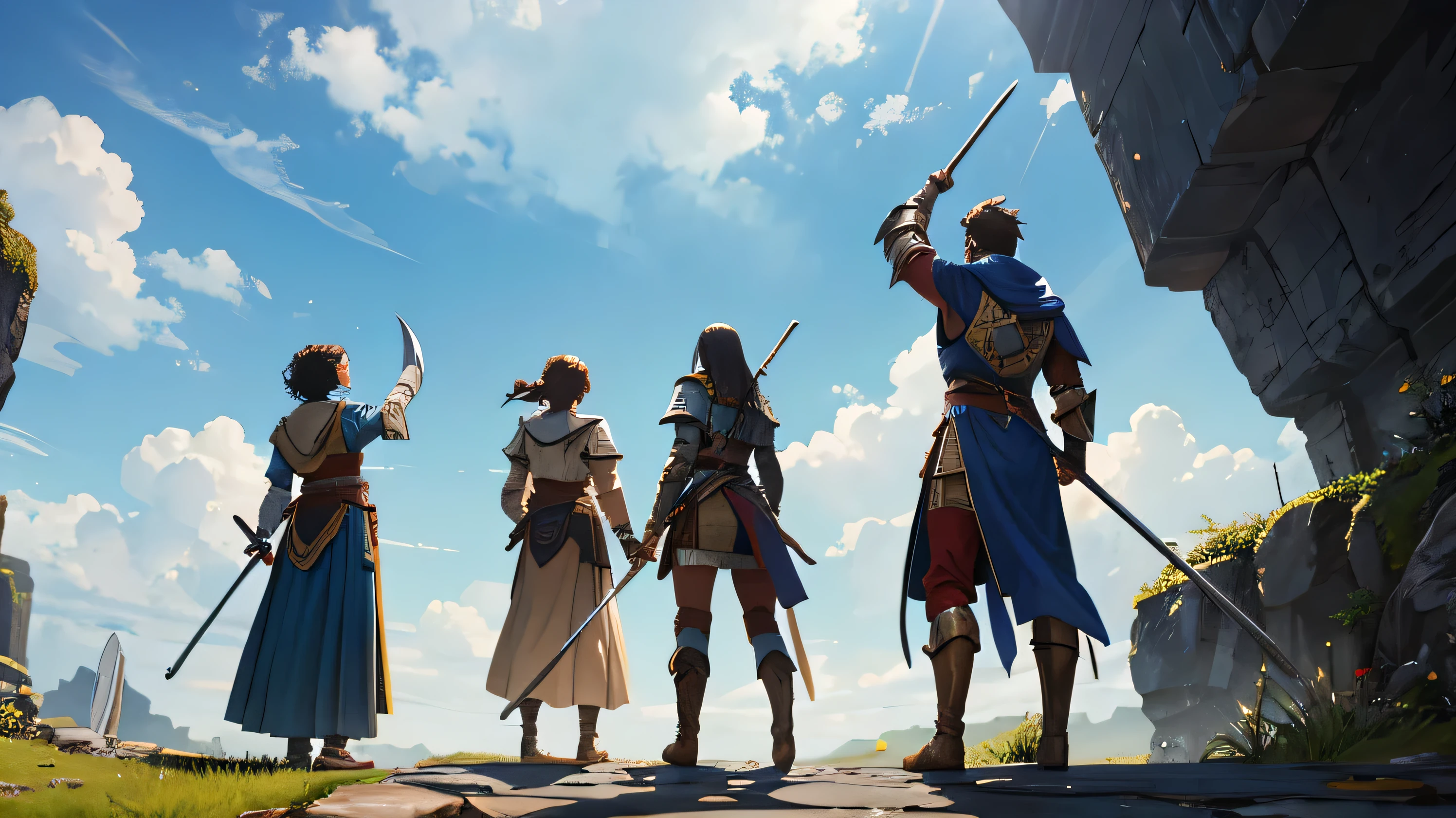 exciting composition,men and women,3 people,please raise your hand,Rear view,Adventurers raising swords and staffs towards the sky,4 people,fantasy,armor