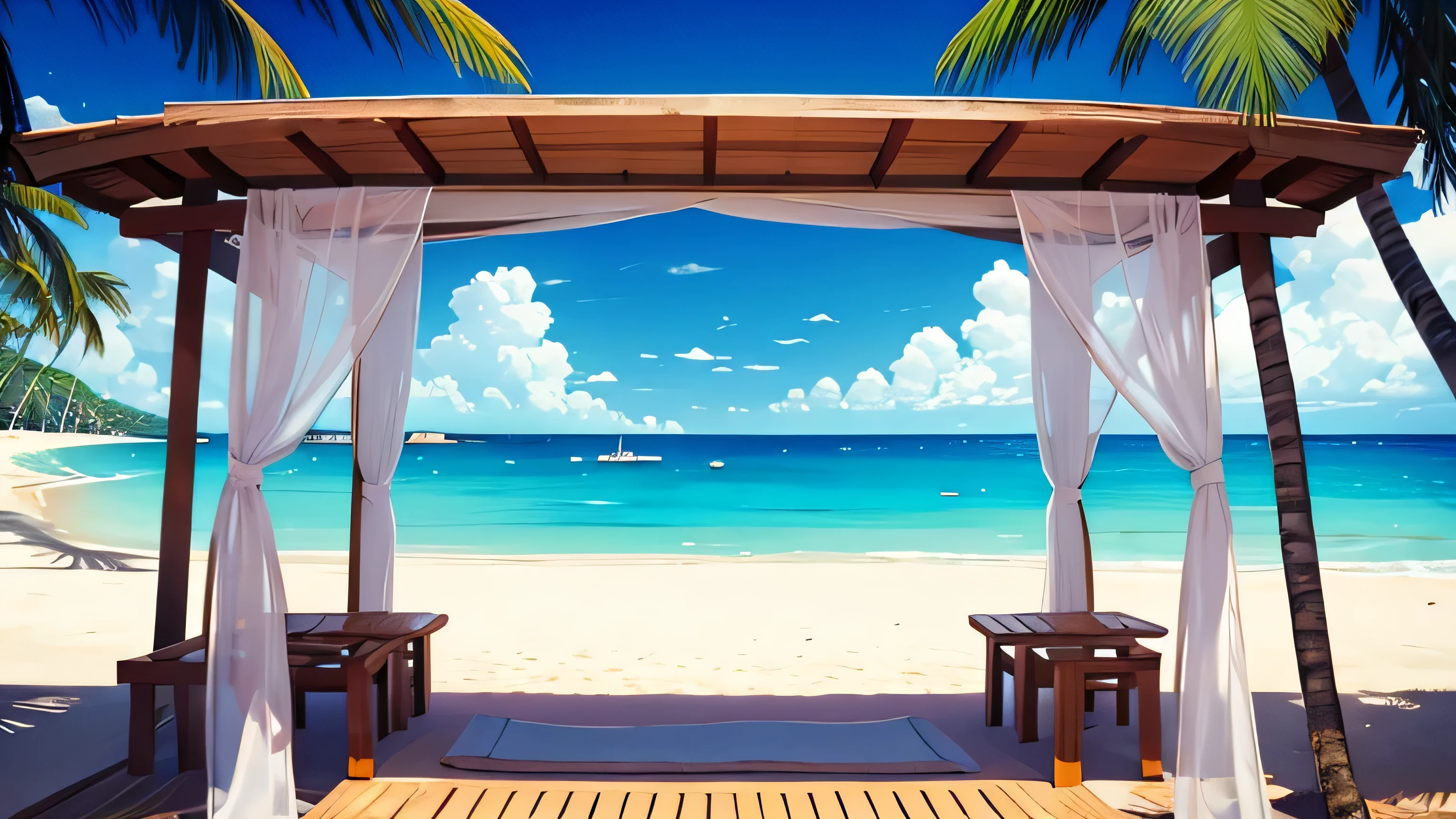 beach with calm clear water with the viewer looking out to the ocean from a beach bar