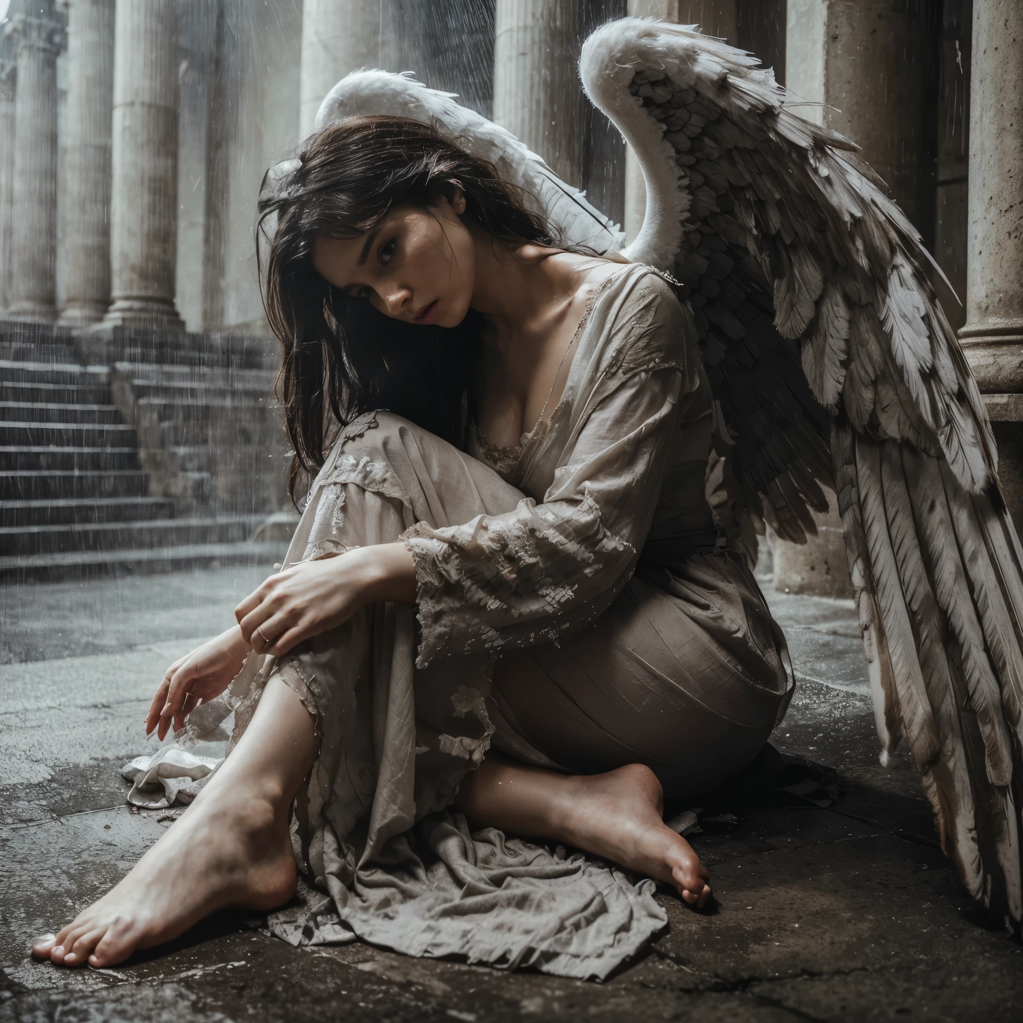 full scale, super low angle shot, The beautiful angel fell, black hair, had very large wings, wore a very worn white cloth, dirty body and wings, knelt down and looked very angry, shouted and looked up.
HD professional photographer, MidJourney v6 realism, light focus on face, ultra detail on face, 
dark light, epicrealism, atmospheric impressionism, bokeh, film dramatic realism, pre-raphaelite realism, best tone, hard focus realism --ar 36:61 --stylize 750 --v6