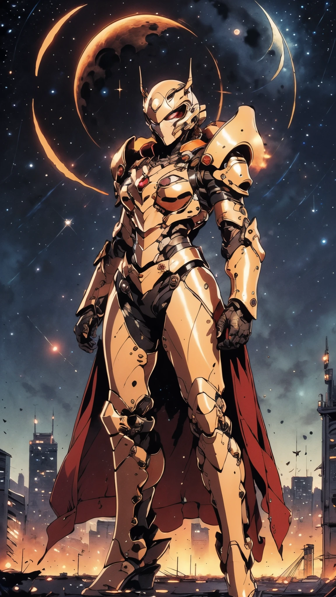 A woman adorned in fantasy-style full-body armor, a crown-concept fully enclosed helmet that unveils only her eyes, a composite layered chest plate, fully encompassing shoulder and hand guards, a lightweight waist armor, form-fitting shin guards, the overall design is heavy-duty yet flexible, ((the armor gleams with a golden glow, complemented by red and blue accents)), exhibiting a noble aura, she floats above a fantasy-surreal high-tech city, this character embodies a finely crafted fantasy-surreal style armored hero in anime style, exquisite and mature manga art style, (Queen bee mixed with Spider concept Armor, photorealistic:1.2, Real texture material:1.2), ((night sky, city night view, elegant, goddess, femminine:1.5)), Unreal Engine 5, metallic, high definition, best quality, highres, ultra-detailed, ultra-fine painting, extremely delicate, professional, anatomically correct, symmetrical face, extremely detailed eyes and face, high quality eyes, creativity, RAW photo, UHD, 32k, Natural light, cinematic lighting, masterpiece-anatomy-perfect, masterpiece:1.5