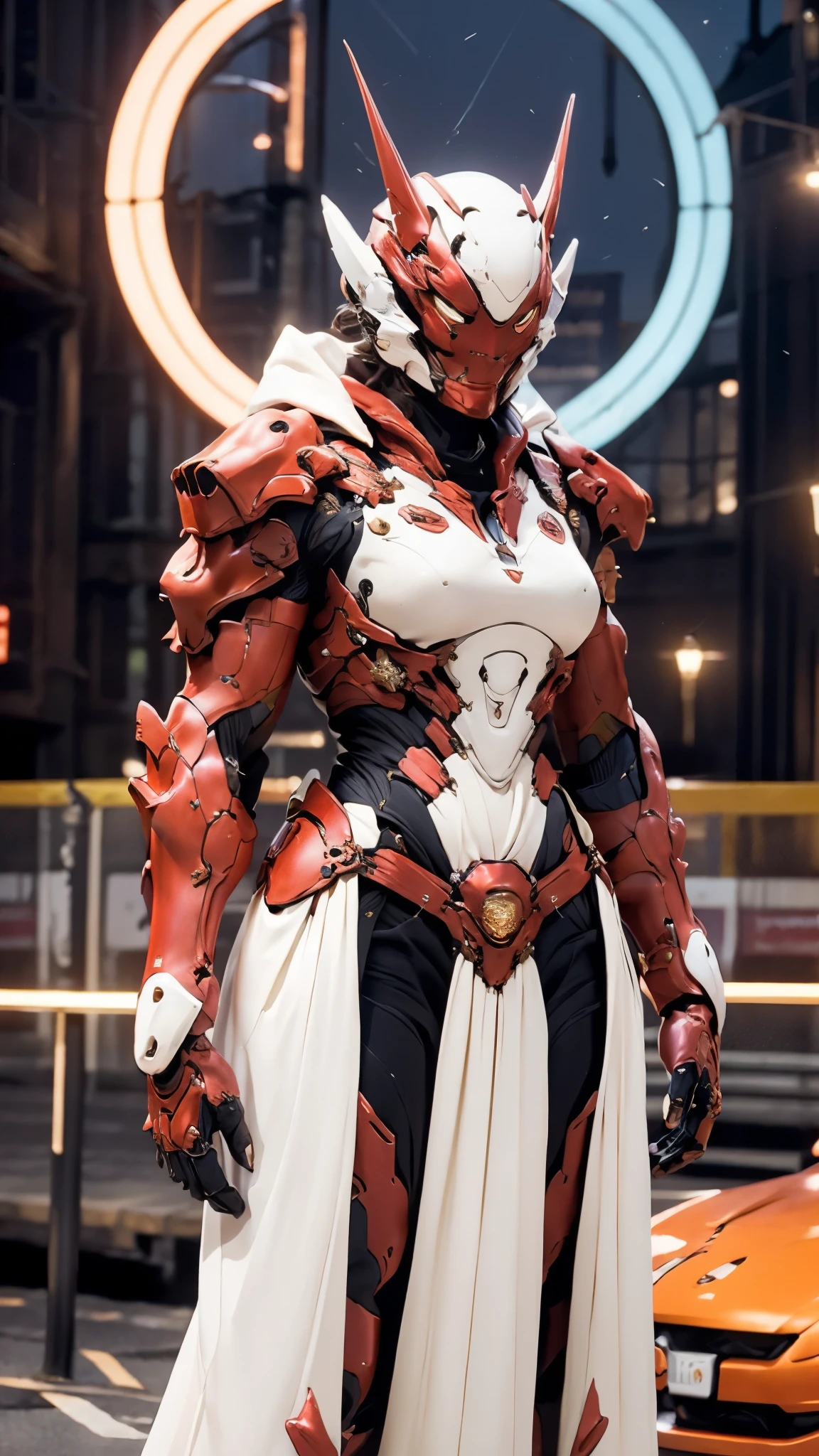 A woman adorned in fantasy-style full-body armor, a crown-concept fully enclosed helmet that unveils only her eyes, a composite layered chest plate, fully encompassing shoulder and hand guards, a lightweight waist armor, form-fitting shin guards, the overall design is heavy-duty yet flexible, ((the armor gleams with a golden glow, complemented by red and blue accents)), exhibiting a noble aura, she floats above a fantasy-surreal high-tech city, this character embodies a finely crafted fantasy-surreal style armored hero in anime style, exquisite and mature manga art style, (Queen bee mixed with Spider concept Armor, photorealistic:1.2, real texture material:1.2), ((night sky, city night view, elegant, goddess, femminine:1.5)), Unreal Engine 5, metallic, high definition, best quality, highres, ultra-detailed, ultra-fine painting, extremely delicate, professional, anatomically correct, symmetrical face, extremely detailed eyes and face, high quality eyes, creativity, RAW photo, UHD, 32k, Natural light, cinematic lighting, masterpiece-anatomy-perfect, masterpiece:1.5