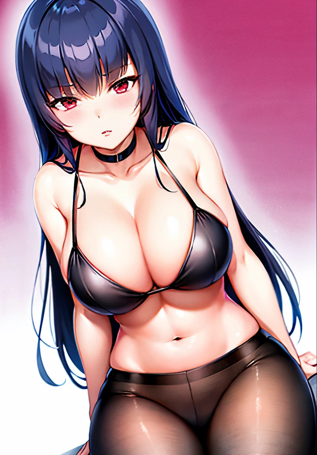 Anime girl with dark blue hair and black bra posing for the camera、solo、girl with long dark blue hair、Red-eyed girl、princess cut、seductive anime girl、clothing:black bra、black panties、black pantyhose、beautiful girl、sexy atmosphere、big breasts、had very large breasts、tits、Gapumoe yandere、cleavage、bra with an black、panty with an black、a girl is standing、pantyhose with an black、whole body、anime moe art style、naughty anime style、digital anime art!!、Bewitching atmosphere、girl focus、