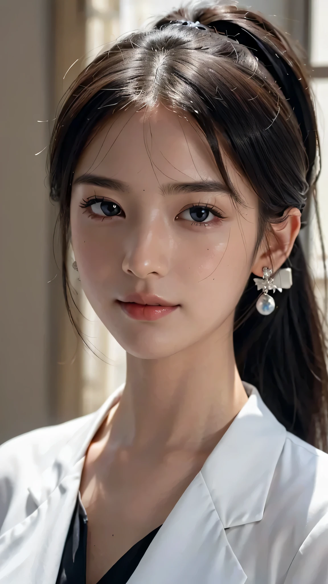 One woman,fully body photo,masutepiece, The highest image quality, High quality, the background is clear,Beautiful woman, Japanese, Detailed, Detailed eyes, Detailed skin, Beautiful skin, 超hight resolution, (reality: 1.4),Very beautiful woman, Slightly younger face, Beautiful skin, slender, (Ultra photo realsisim), (hight resolution), (8K), (Very detailed) (beautifully detailed eyes), (super detailed), (Detailed face), view the viewer, Fine details, Detailed face, Staring straight ahead, Staring straight ahead, photos realistic, Bright lighting, Professional Lighting, Black hair,poneyTail,a ,sixteen ye is ponytail,long ponytail hairstyle,slight smile,business suit,