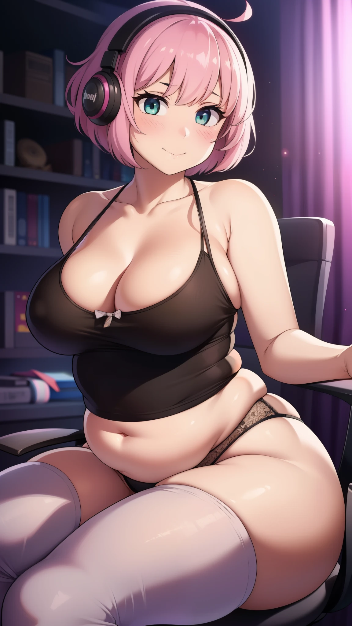 ((Masterpiece)), perfect anatomy, perfect shading, field of depth, (best quality), extremely delicate and beautiful, perfect lighting, detailed face, ultra cute face, cute, (cowboy shot 1.2), (((1girl))), ((solo)), looking at viewer,

short hair, messy hair, fluffy hair, pink hair, green eyes, ((blush)), shy, smile, (tank top 1.5), (panties 1.2), thigh highs, extremely tight clothes, medium breasts, cleavage, (wide hips), ((thick thighs)), chubby, chubby belly,

apartment, bedroom, sitting down in computer chair, gaming pc, gamer girl, intricate background, detailed background, 