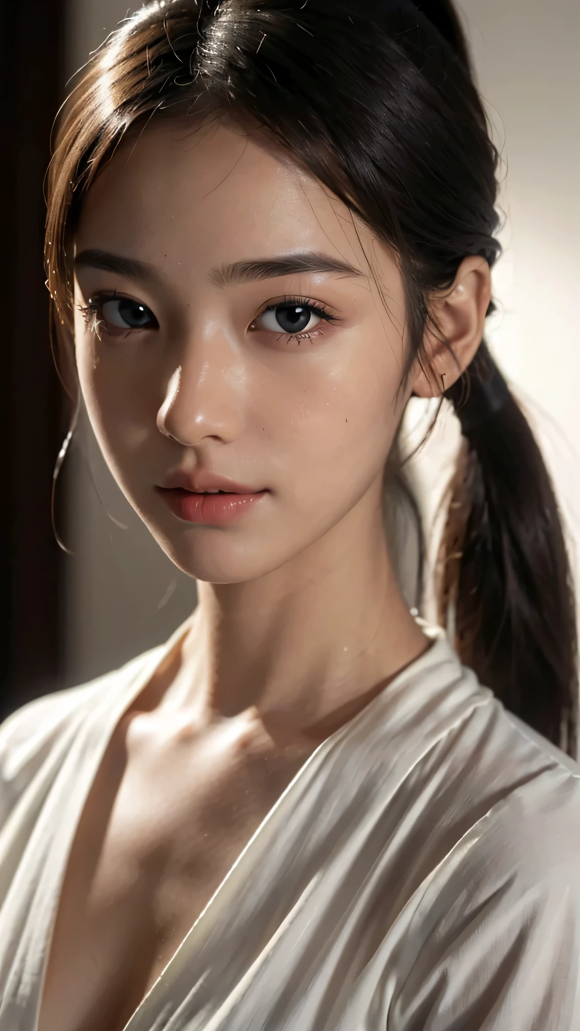 One woman,fully body photo,masutepiece, The highest image quality, High quality, the background is clear,Beautiful woman, Japanese, Detailed, Detailed eyes, Detailed skin, Beautiful skin, 超hight resolution, (reality: 1.4),Very beautiful woman, Slightly younger face, Beautiful skin, slender, (Ultra photo realsisim), (hight resolution), (8K), (Very detailed) (beautifully detailed eyes), (super detailed), (Detailed face), view the viewer, Fine details, Detailed face, Staring straight ahead, Staring straight ahead, photos realistic, Bright lighting, Professional Lighting, Black hair,poneyTail,a baby face,sixteen years old,Hairstyle is ponytail,long ponytail hairstyle,slight smile,business suit,